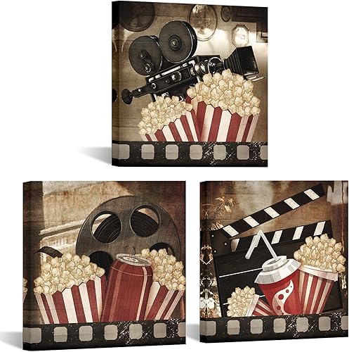 iKNOW FOTO Lienzo de película vintage, arte de pared negro y rojo, carrete de película clásica, imágenes de palomitas de maíz impresas en lienzo