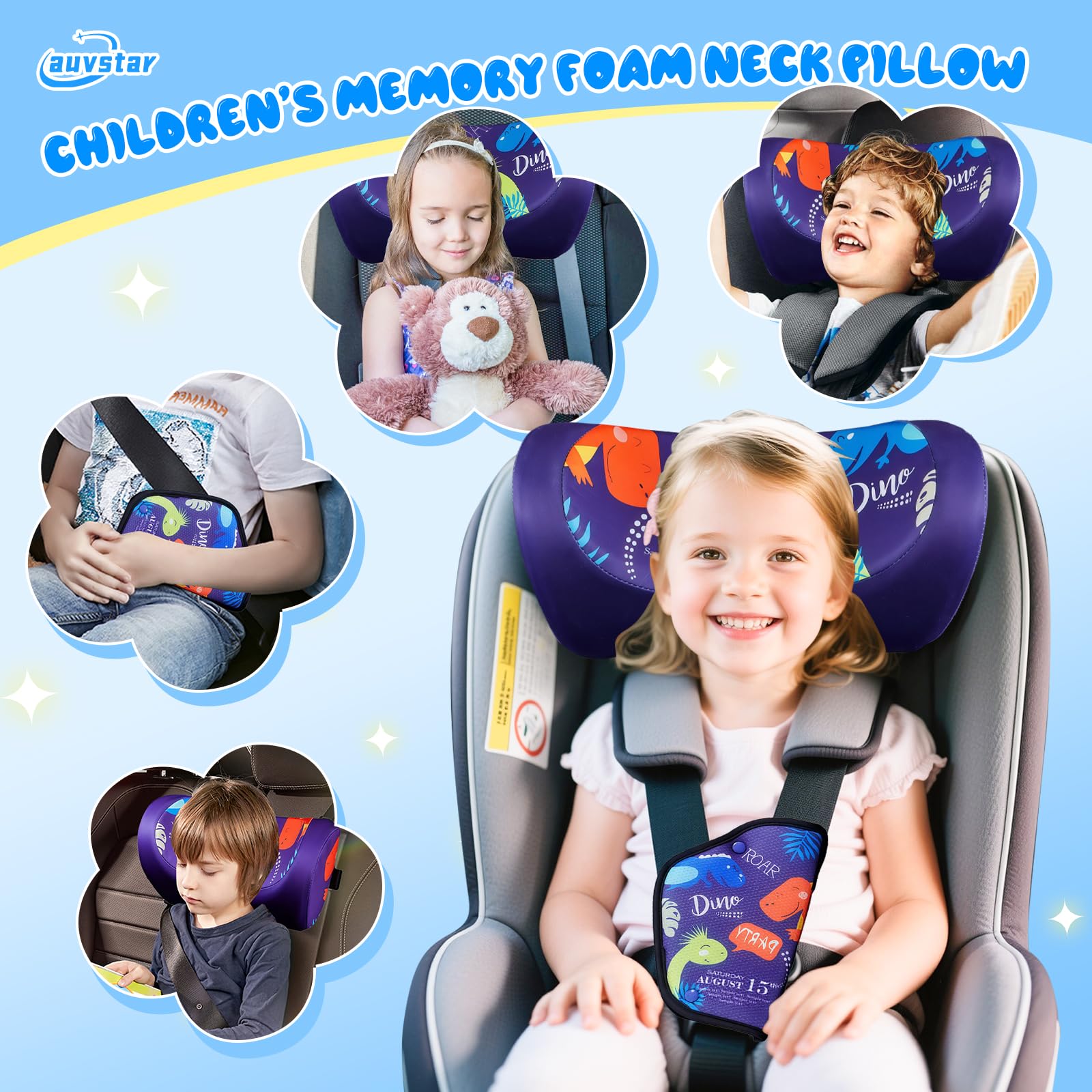 auvstar Reposacabezas Coche Niño,Sujeción Cabeza Silla Coche,Protector Cinturon Coche Niños,Coche Con Soporte Cabeza Extraíble,Suave,Ajustable,Adecuado Tanto Para Adultos Como Para Niños (Dinosaurio)