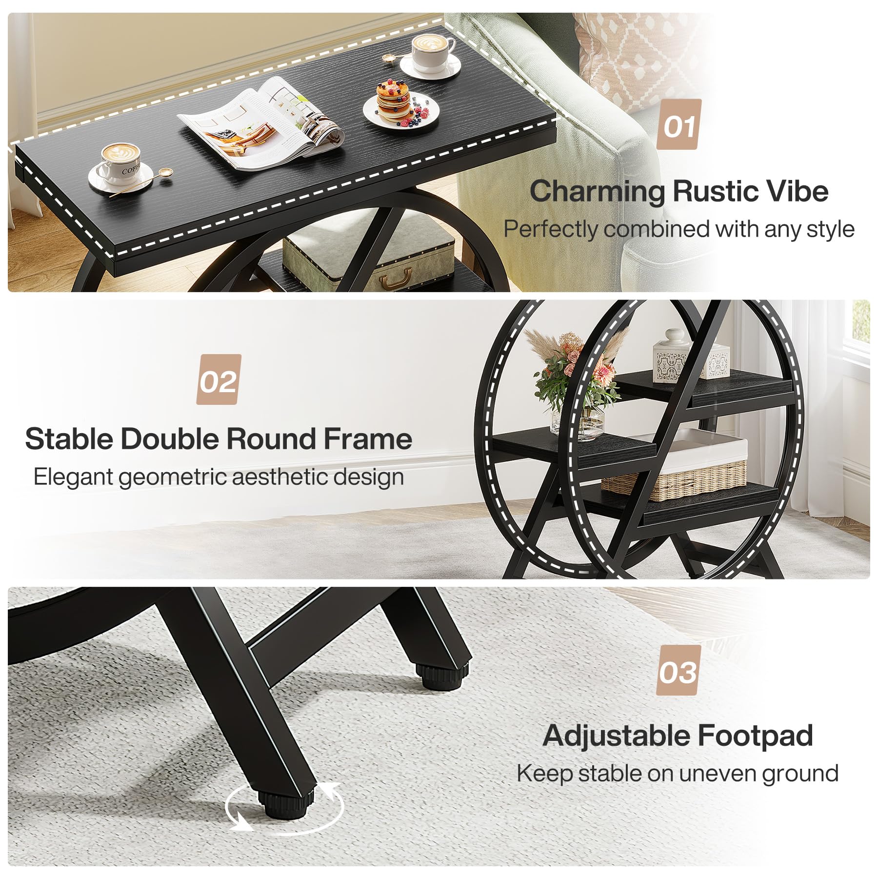Tribesigns End Table for Living Room, 3-Tier Narrow Side Table with Storage, Wood Sofa Side Table with Geometric Metal Frame, Industrial Nightstand and Bedside Table for Bedroom, Black
