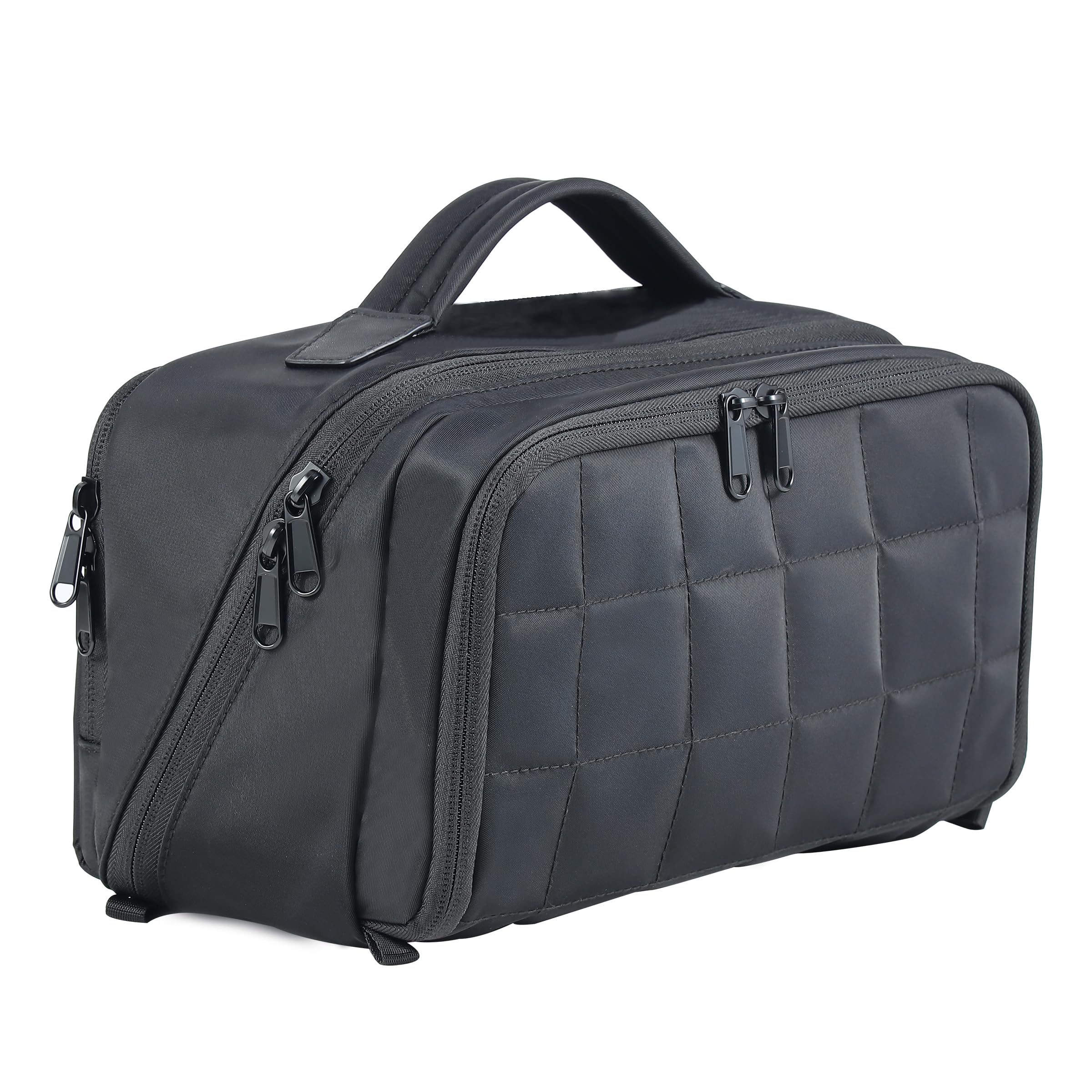 GR69N Travel Makeup Bag Organizer,Quilted Makeup Travel Bag Cosmetic Bag with Handle,Waterproof Toiletry Bag for traveling women,Large Make Up Bag with 3 Compartments,Flat-Opening,Black (Patented)