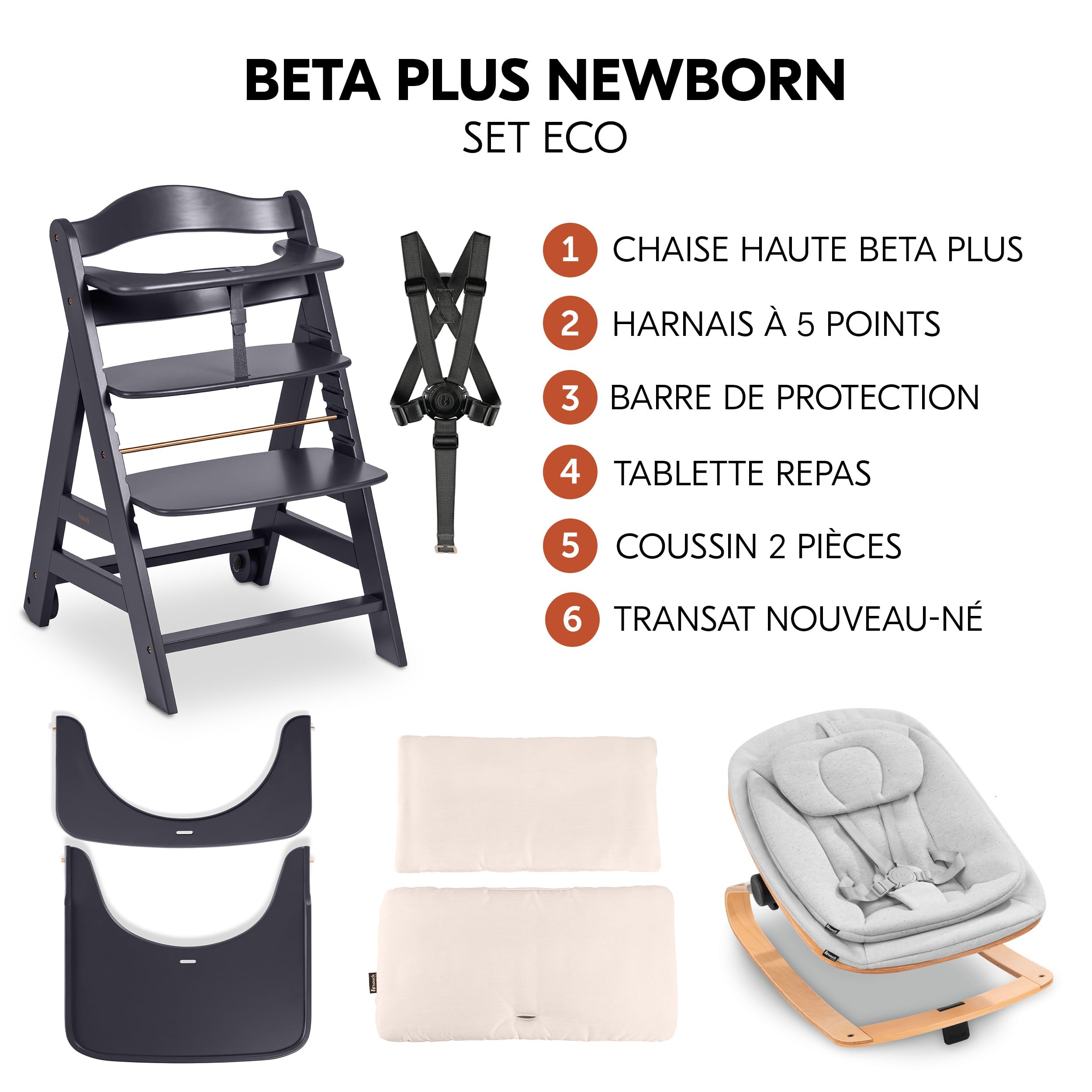 hauck Chaise Haute Bébé Beta+ avec Siège Nouveau-né Eco - Dark Grey | Chaise haute évolutive en bois, de la naissance à 90 kg, inclus assise bébé ergonomique, roues, plateau repas, coussin