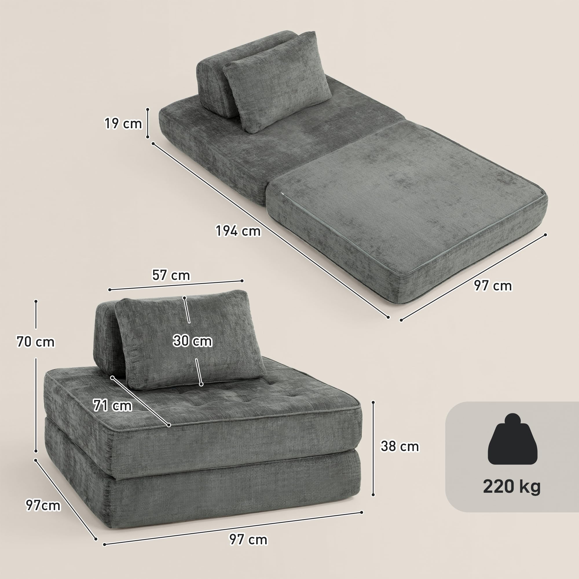 HOMCOM Canapé-Lit Pliant 2 en 1 Chauffeuse 1 Place en Chenille Gris | Matelas Pliable, Coussin Épais, Dossier et Oreiller, Entièrement Compressé, Aucun Assemblage Requis, pour Salon Chambre