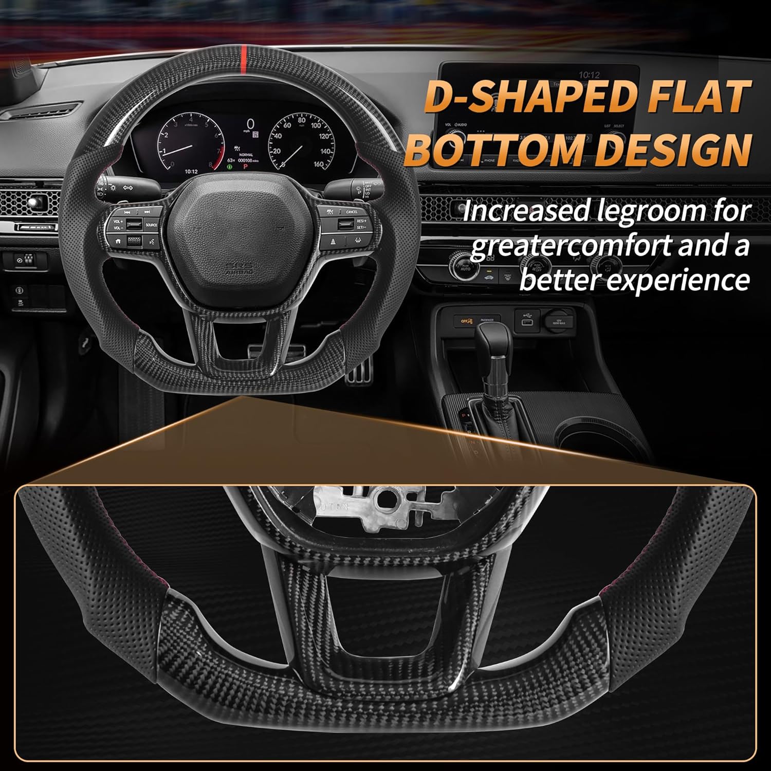 Carbon Fiber Steering Wheel for Honda Civic 2022-2024 Gen 11th, D-shaped Flat-bottom Nappa Perforated Leather Grip with Replacement Trim,with Red Center Mark
