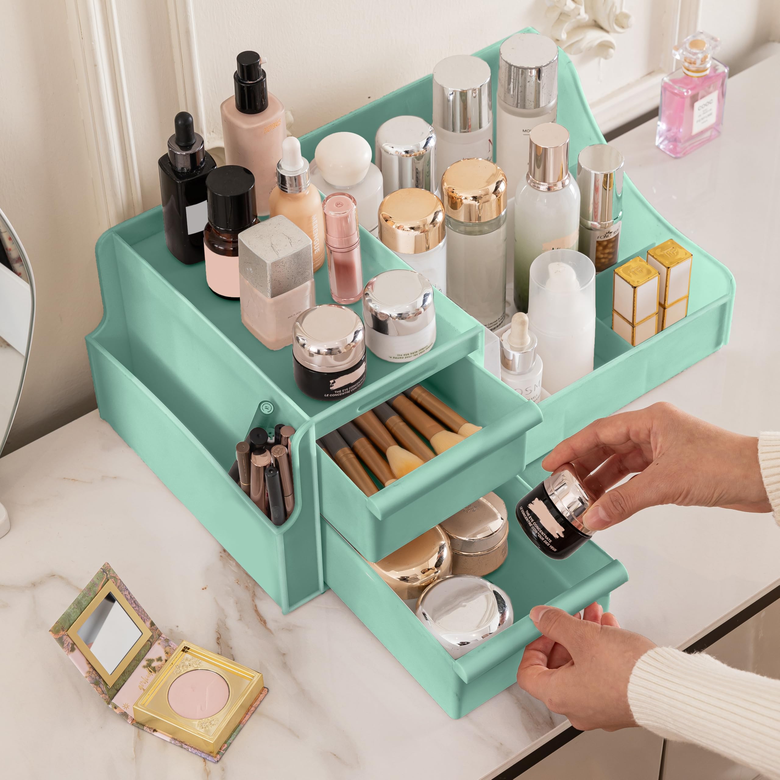 ALOXE Premium Large Makeup Organisers | Upgraded Storage Box and Organiser with Drawers for Dressing Table, Skincare, Makeup Storage & Accessories (Green)