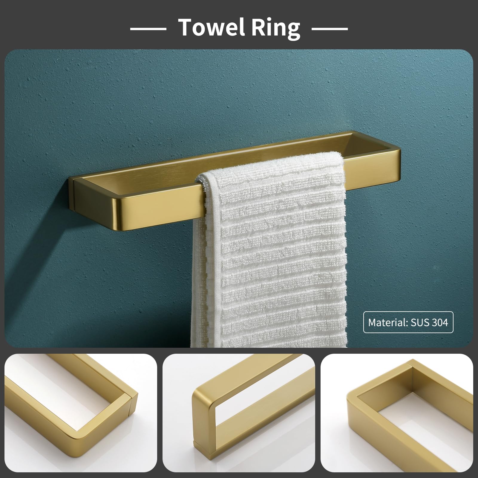YACVCL Bathroom Hardware Set Brushed Gold 4-Piece Towel Bar Set Square Bathroom Accessories Kit Stainless Steel Wall Mounted - Image 4