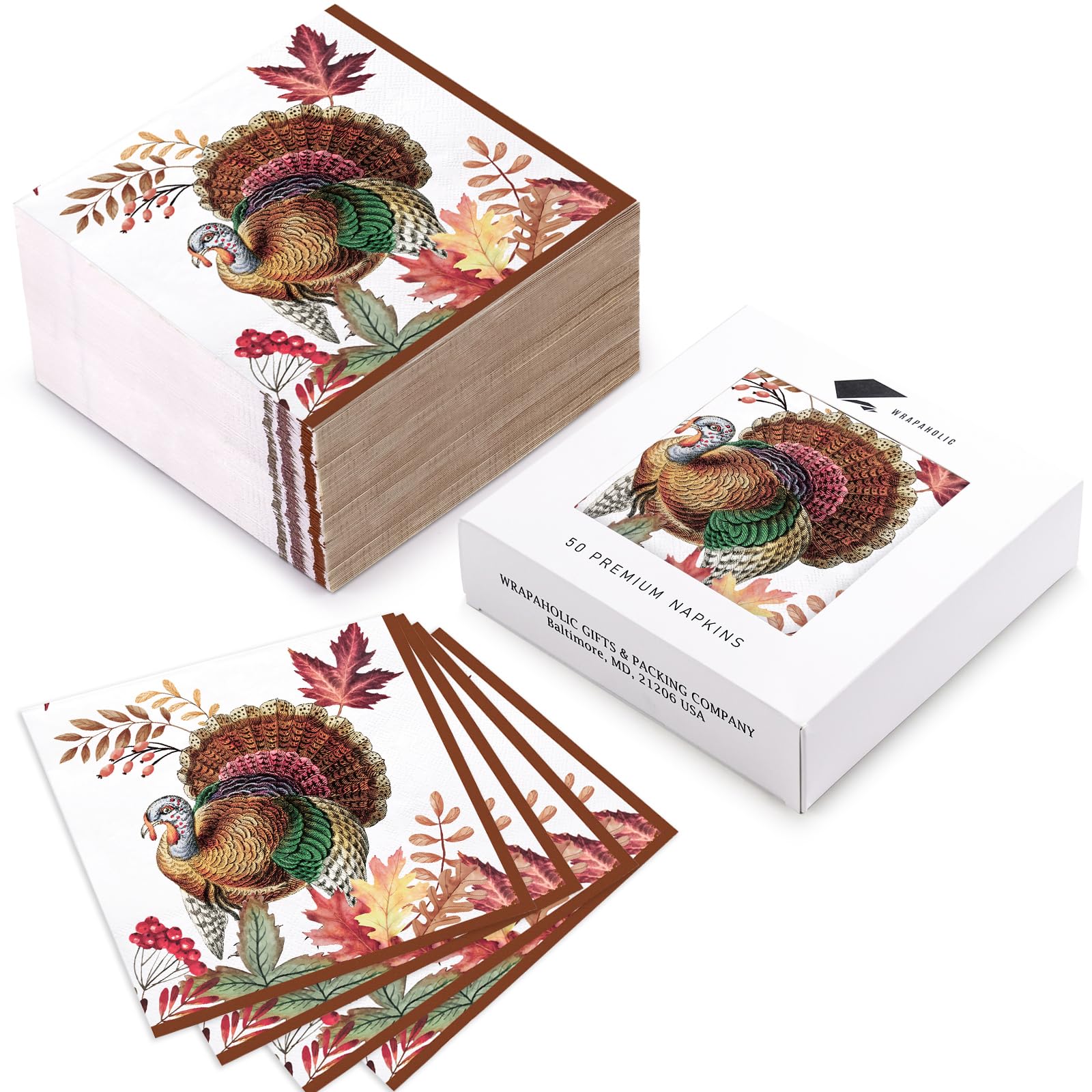 WRAPAHOLIC Herbst-Servietten, 50 Stück – 3-lagig, Design Mit Ahornblättern & Football, 10,9x20 Cm