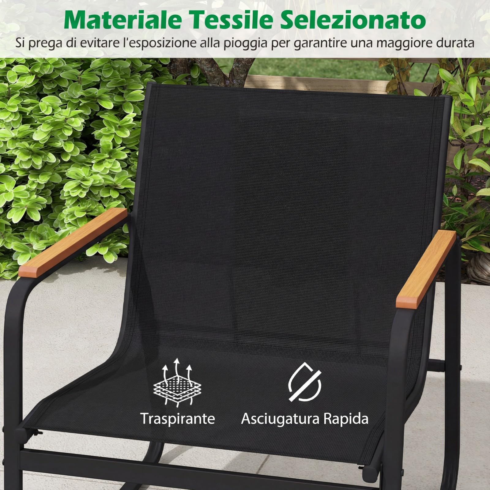 RELAX4LIFE Tavolo da Giardino con Sedie, 3 Poltrone con Braccioli in Legno Plastico e Cuscini Rimovibili/Lavabili, Struttura in Metallo, Tavolino in Vetro Temperato, Set Bistrò per Esterno (Modello 2)