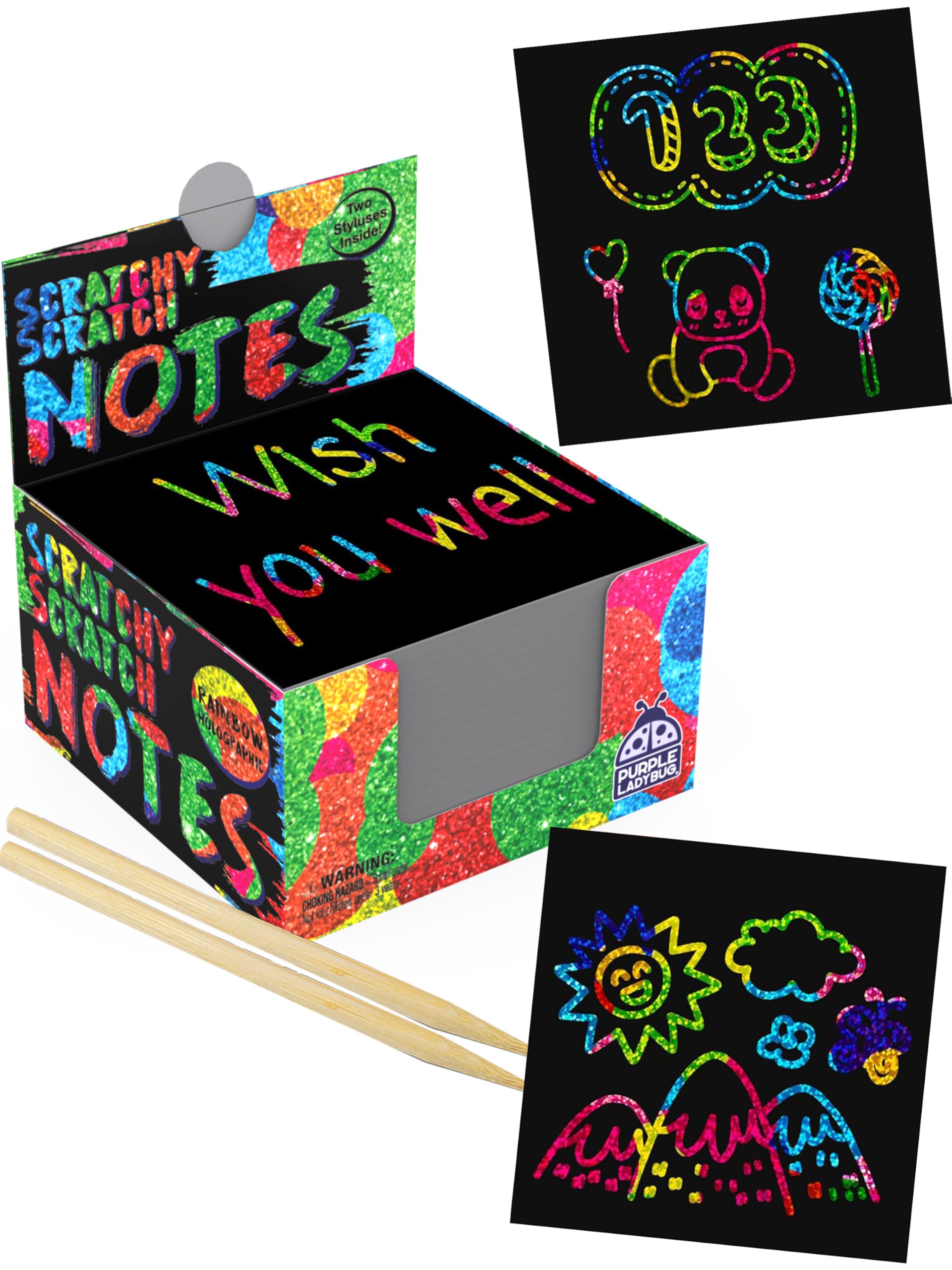 Scratch Off Mini Notes 2 Stylus Pens Kit: 150 Sheets of Rainbow Holographic Scratch Paper for Kids Arts and Crafts, Plane or Travel Toys - Cute Unique Gift Idea for Kids, Girls, Women, or Anyone