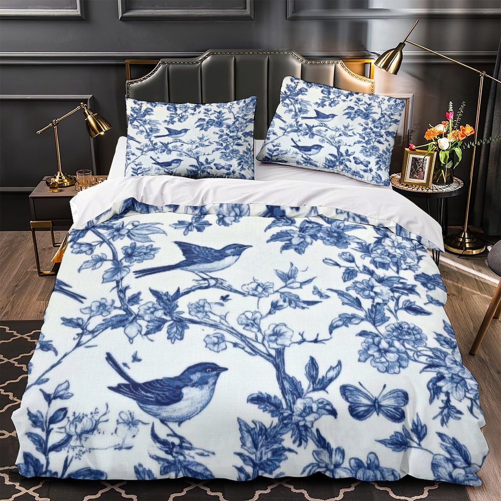 Housse de couette anti-tache oiseau bleu en microfibre lavable pour grand lit