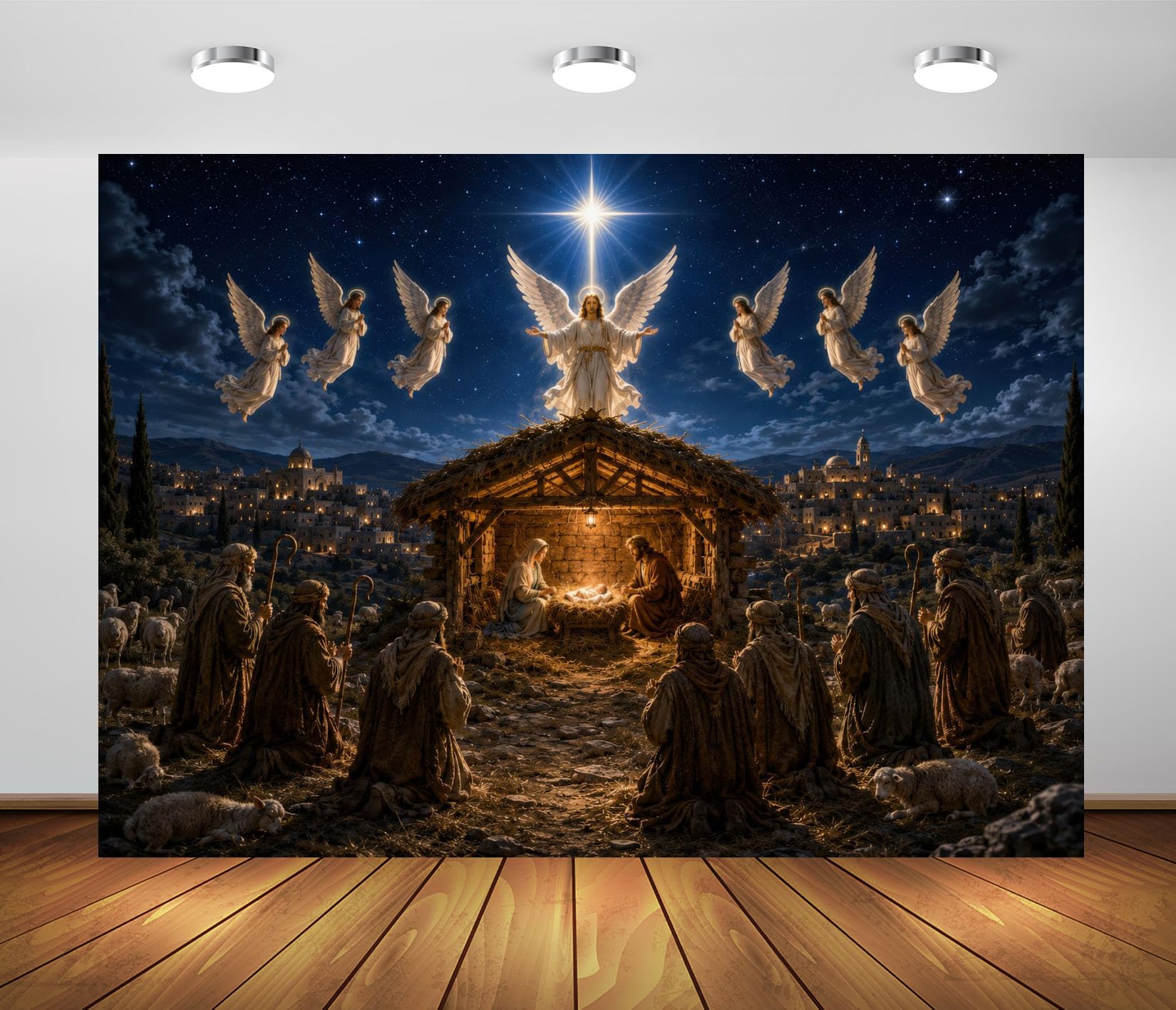 12x8FT (3.6x2.5m) Angeli Sopra Presepe Affollato Sfondo Fotografico