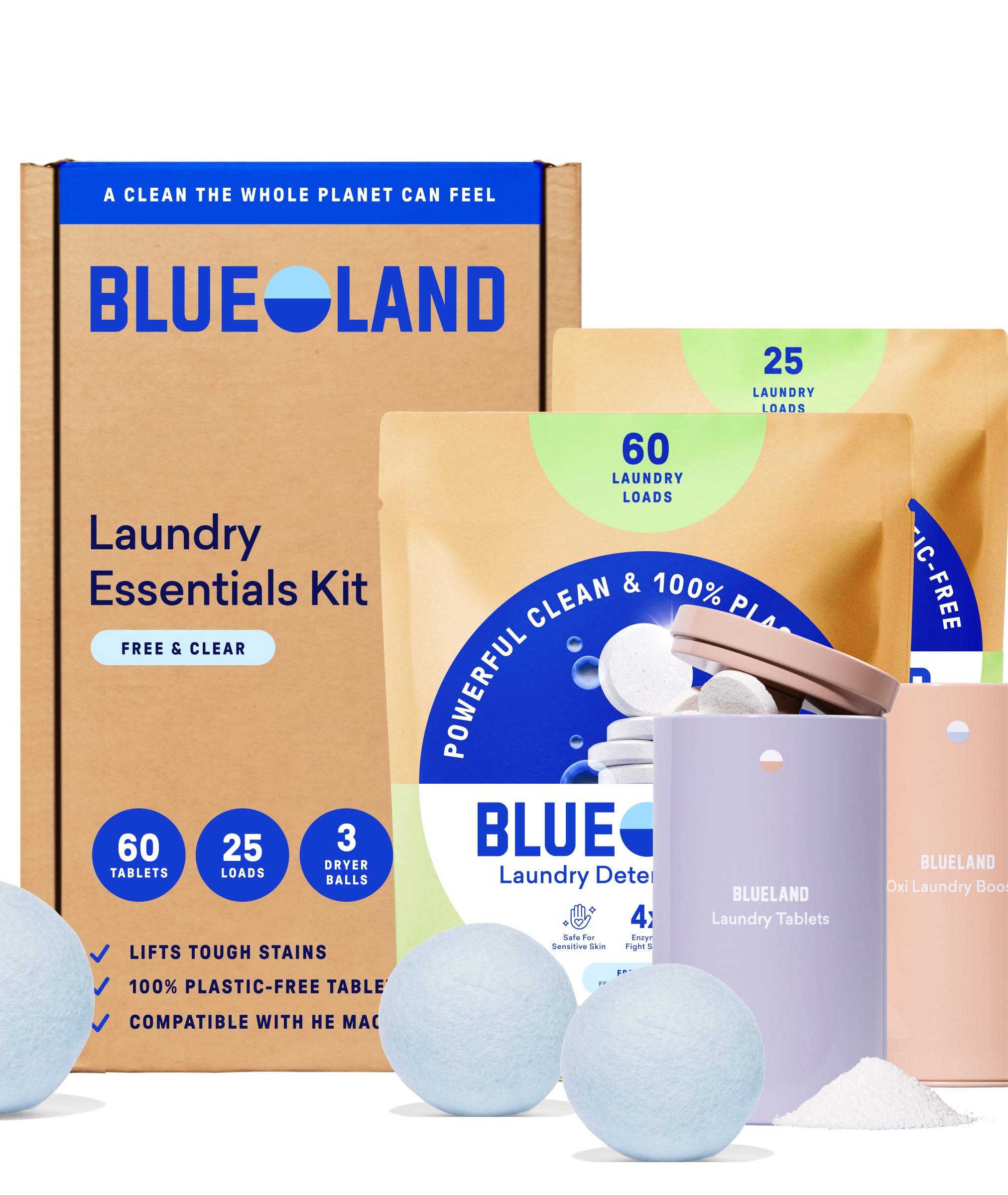 BLUELAND Laundry Essentials Kit, Fragrance Free & Clear - Plastic-Free Laundry Detergent Tablets, Oxi Booster, and Reuseable Natural Wool Dryer Balls