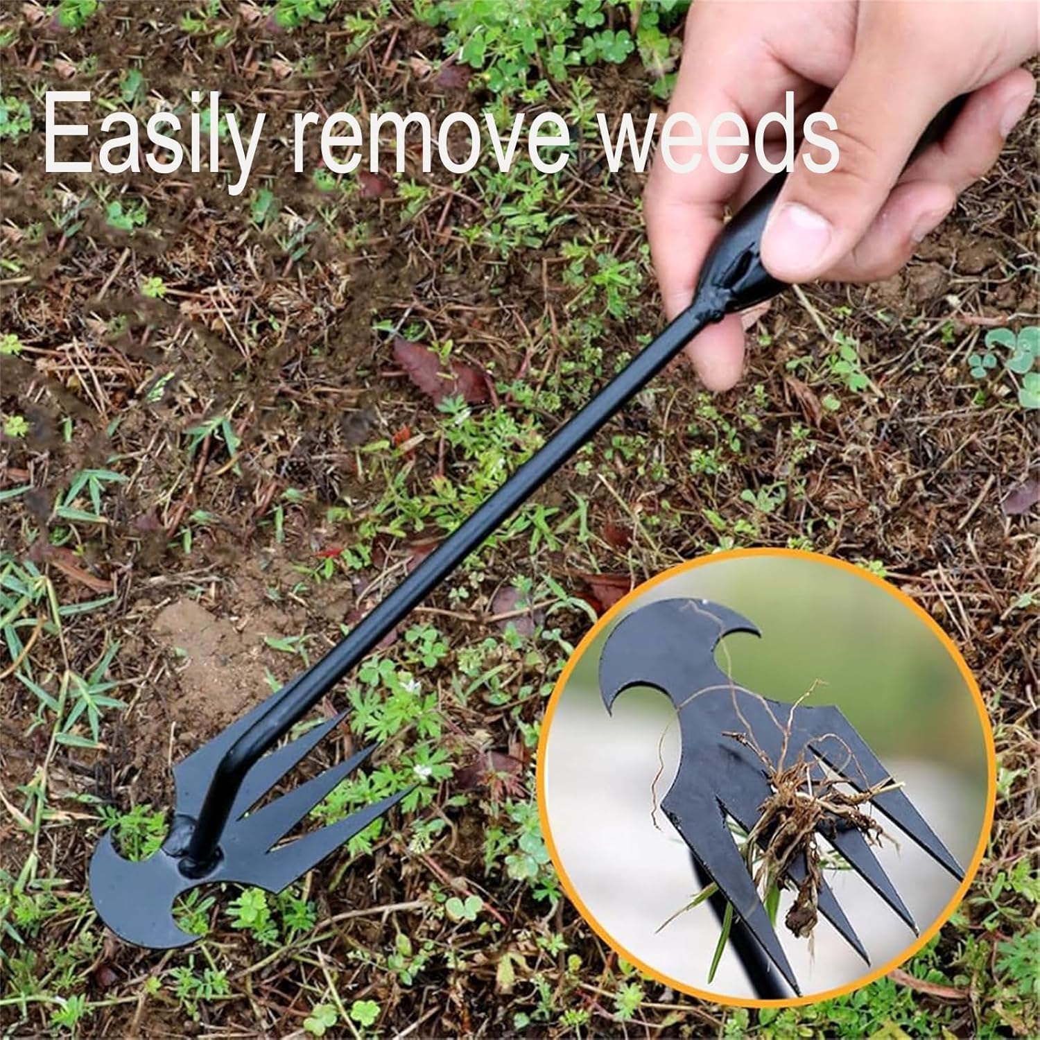 Garden Weed Pulling Tool, Manual Weeder Tool, Weed Removal Tool Long Handle, 4 Teeth Manganese Steel Garden Weed Pulling Tool, Uprooting Weeding Tool for Lawn and Garden (19.7in-Black)