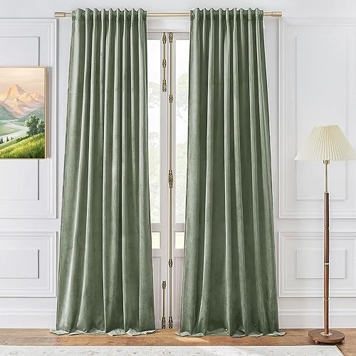 Timeper Cortinas de terciopelo de 90 pulgadas de largo, color verde salvia, cortinas para oscurecer la habitación, aislamiento térmico, cortinas
