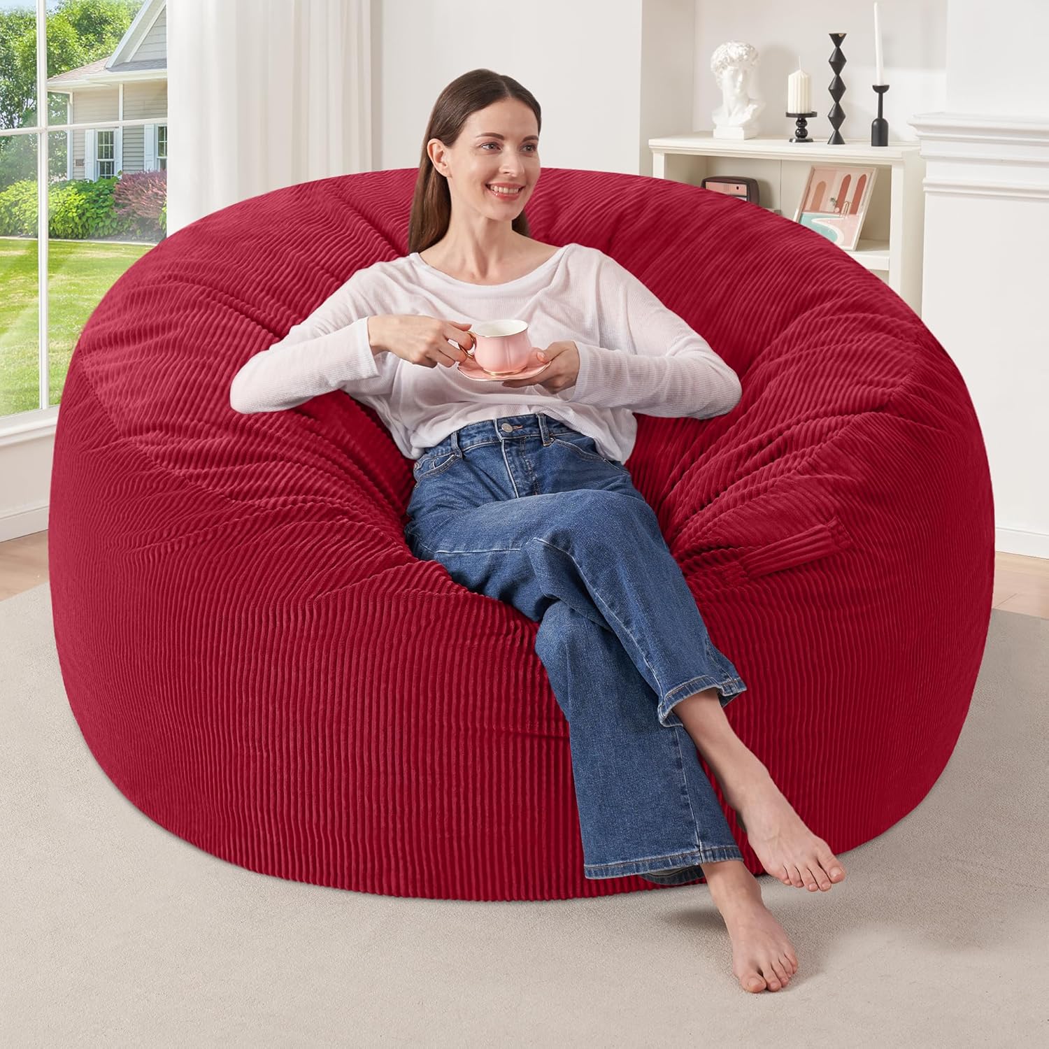 HABUTWAY 4FT Bean Bag Chair,Giant Bean Bag Chairs for Adults,Big Bean Bags with Memory Foam Filled, Large Beanbag Chairs with Soft Corduroy Cover-RED 4FT-44"x44"x24" Red
