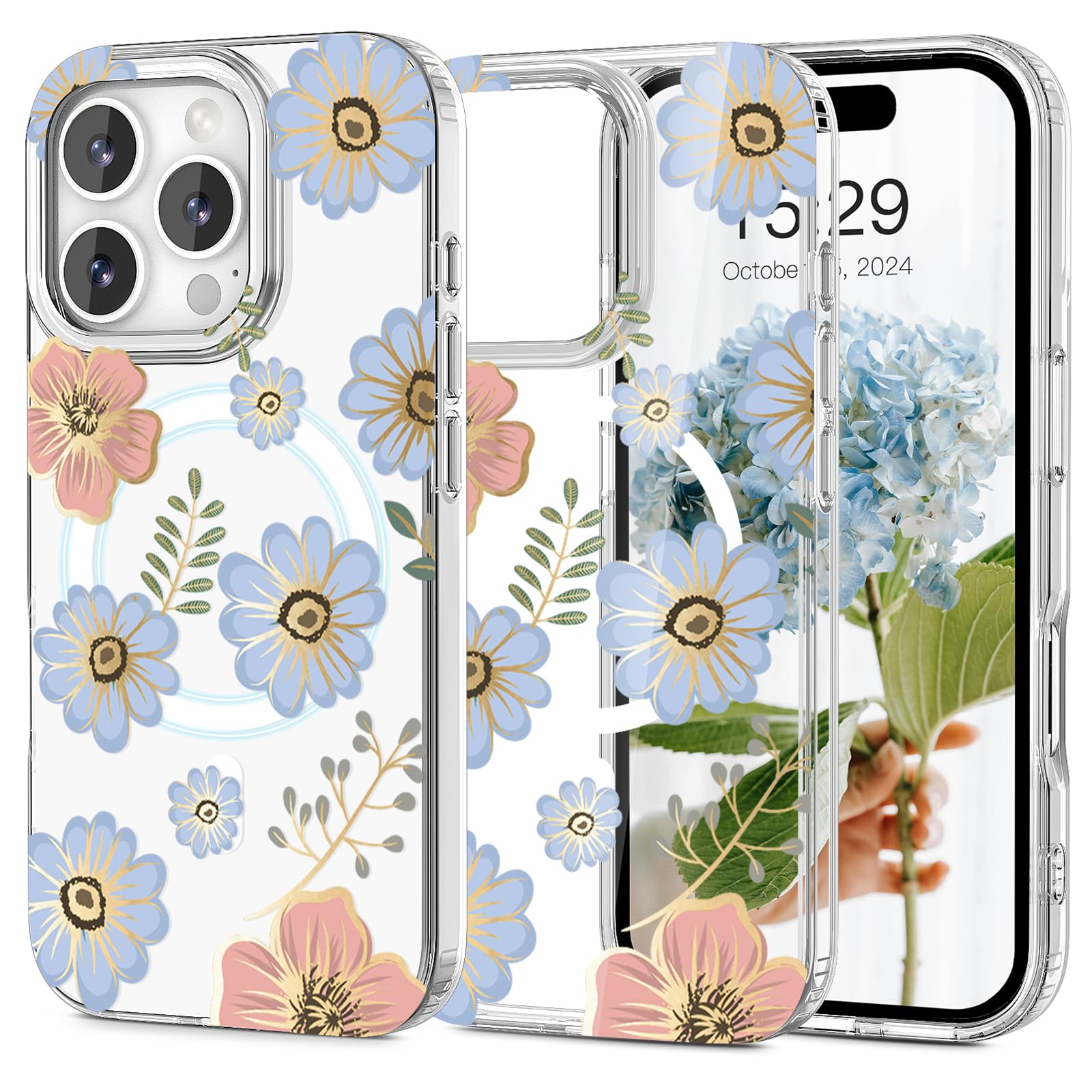 Jiunai for iPhone 16 Pro Case, Compatible with Magsafe, Floral Flower Design Clear Slim Soft Bumper, See-Through Protective Cute Phone Cover for