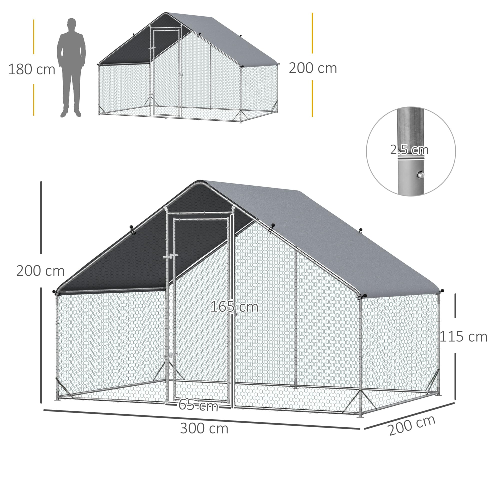 PawHut Set per Allevamento di Galline con Recinto in Acciaio Zincato e Pollaio in Legno con 2 Nidi, Copertura Impermeabile, Uso Esterno per Giardino e Fattoria, Argento e Giallo