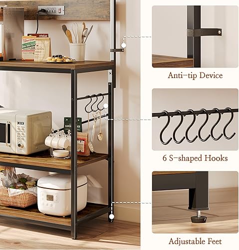 Miniatura 17 de SUPERJARE - Estante de cocina con toma de corriente de 4 niveles, soporte de microondas de cocina con 6 ganchos en forma de S, estante de Marrón