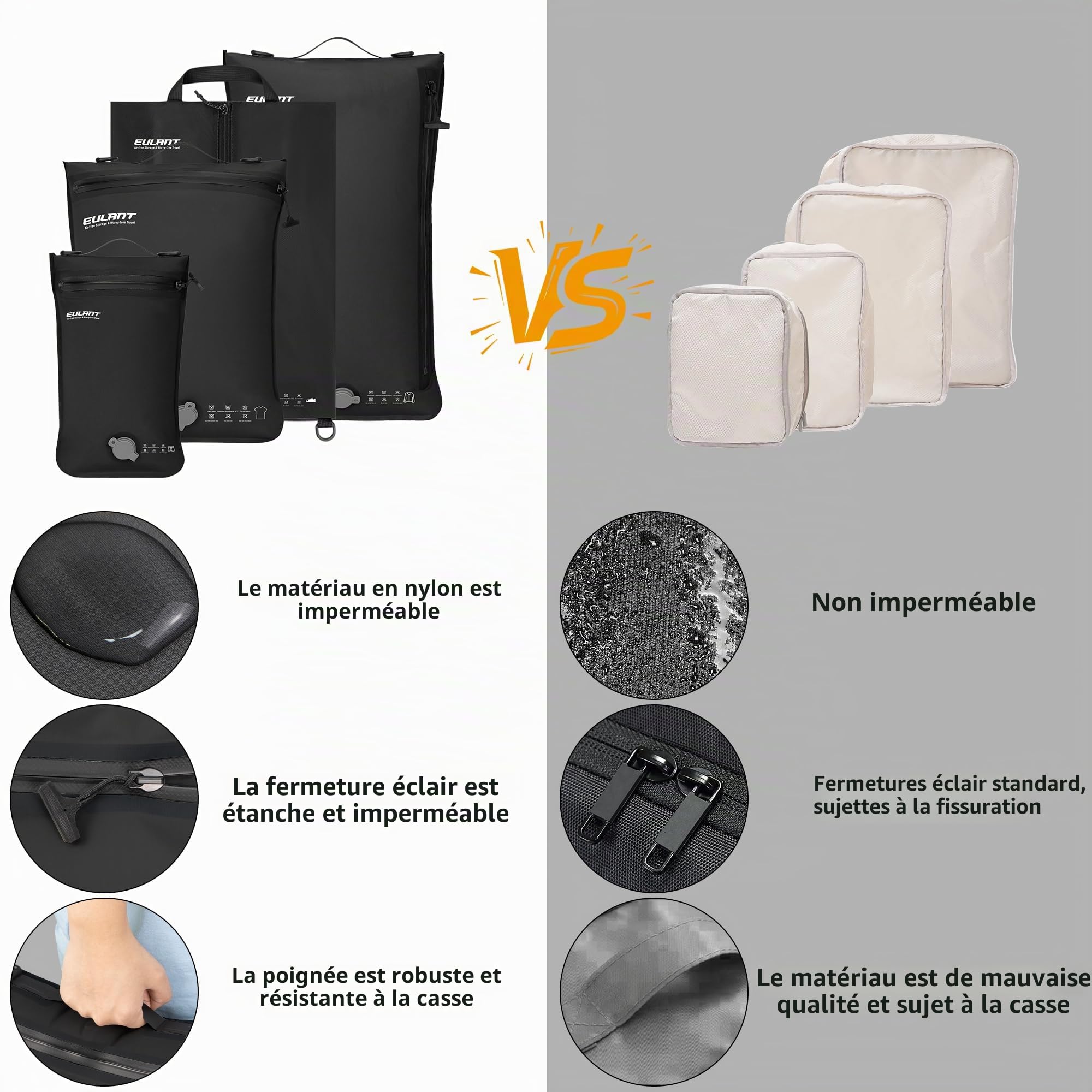 EULANT Lot de 4 Réutilisable Cubes de Compression Sous Vide pour Voyage,3 Sacs Sous Vide Etanches + 1 Sac à Chaussures, Organiseur de Sac de Voyage pour Bagage à Main
