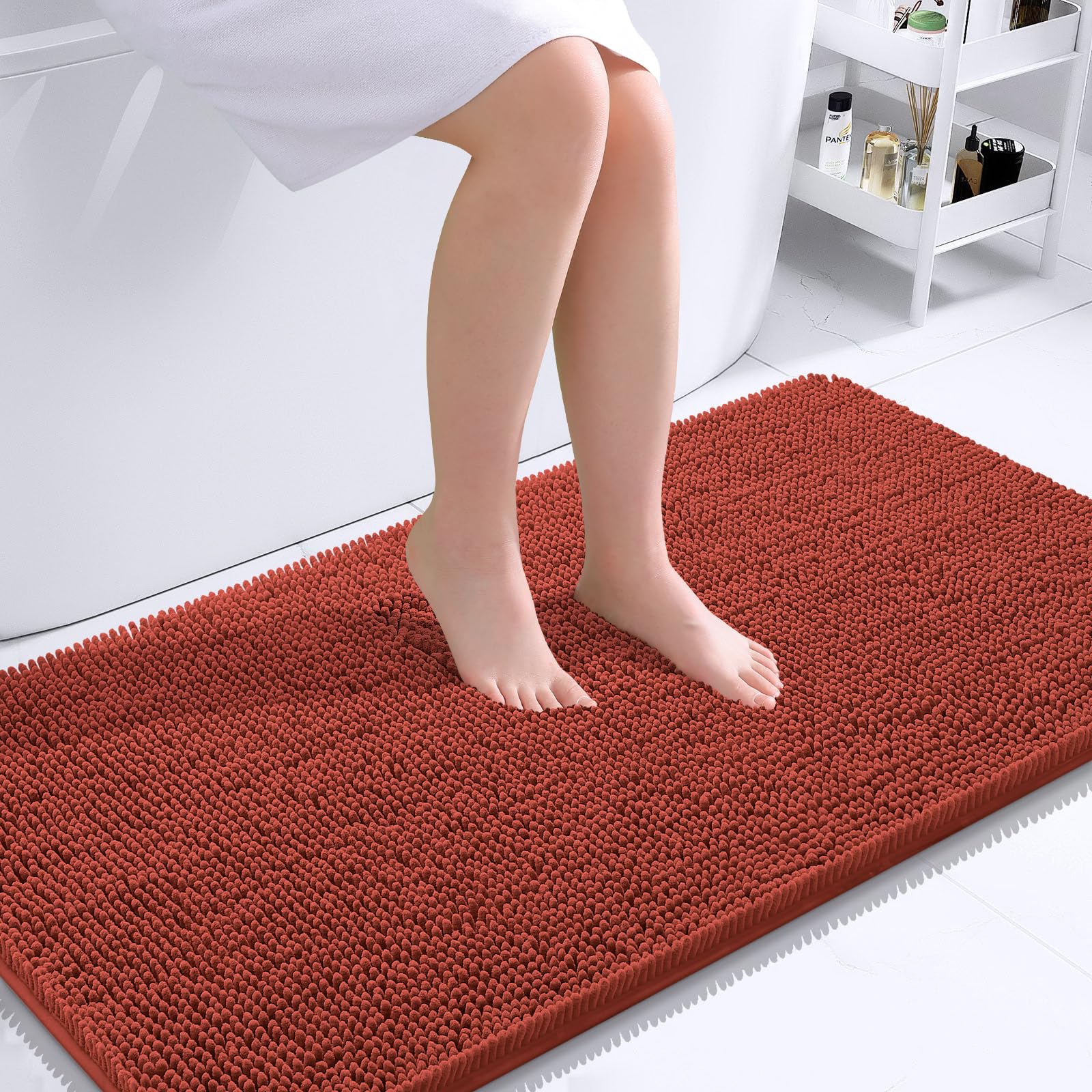 OLANLY Bathroom Runner Rugs 44x24, Soft Absorbent Chenille Bath Rugs, Rubber Backing Quick Dry, Machine Washable Long Bath Mats for Bathroom, Tub and Shower, Home Decor Accessories, Rustic Terracotta | Rustic Terracotta, Quick-Drying Rubber Backing, Machine Washable Long Bath Mat for Bathroom Floor, Tub and Shower, Home Decor