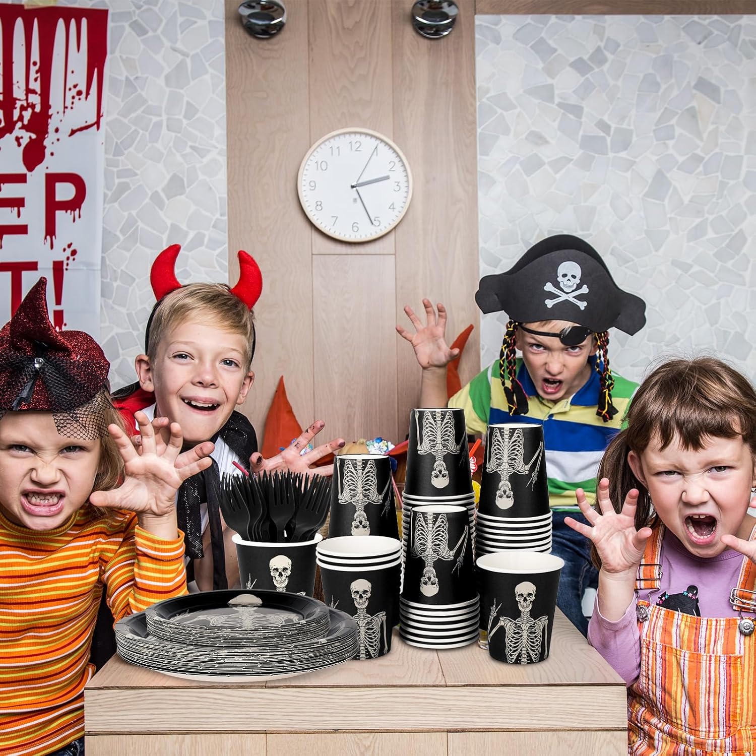 JarThenaAMCS Halloween Tableware Set Smiling Skeleton Disposable Party Supplies Black 9 &7 Inch Paper Plates 6.5 Inch Napkins Cups and Cutlery for 25 Guests