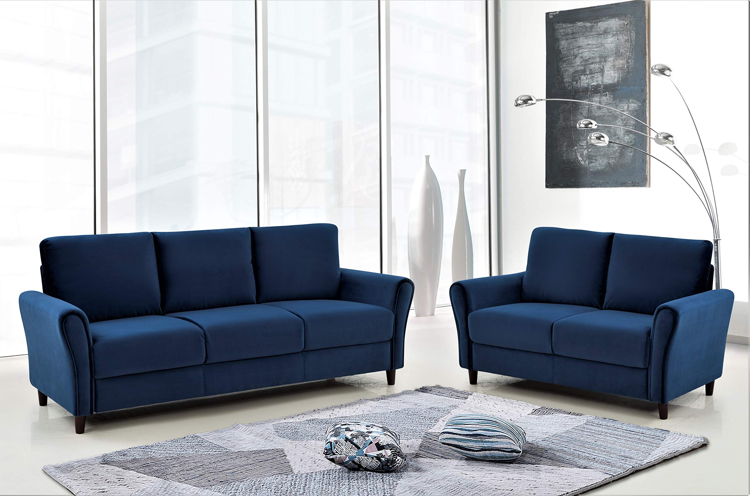Container Furniture Direct Stoughton Mid Century Modern Upholstered Sloped Arms Living Room Sofa Set, 2 Piece, Dark Blue