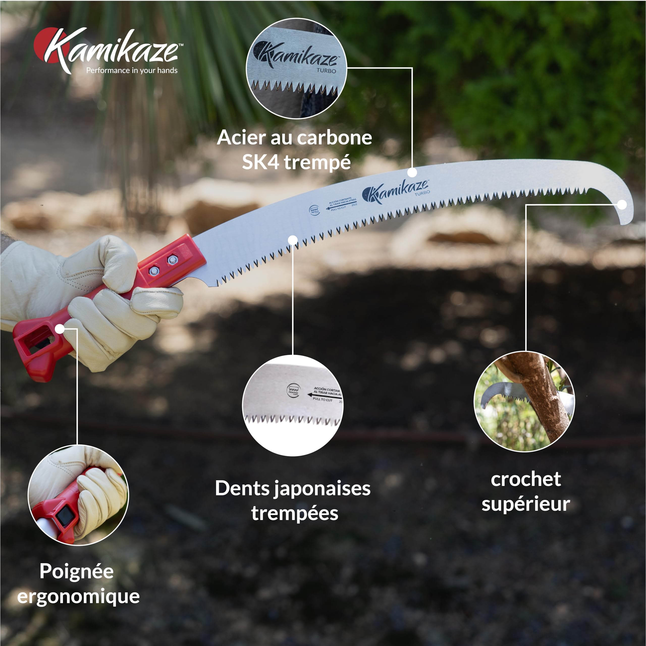 KAMIKAZE Scie multi-tool MT-330 Lame incurvée de 33 cm Coupe japonaise Manche en polyamide rouge Idéal pour l'élagage des branches et l'aménagement paysager