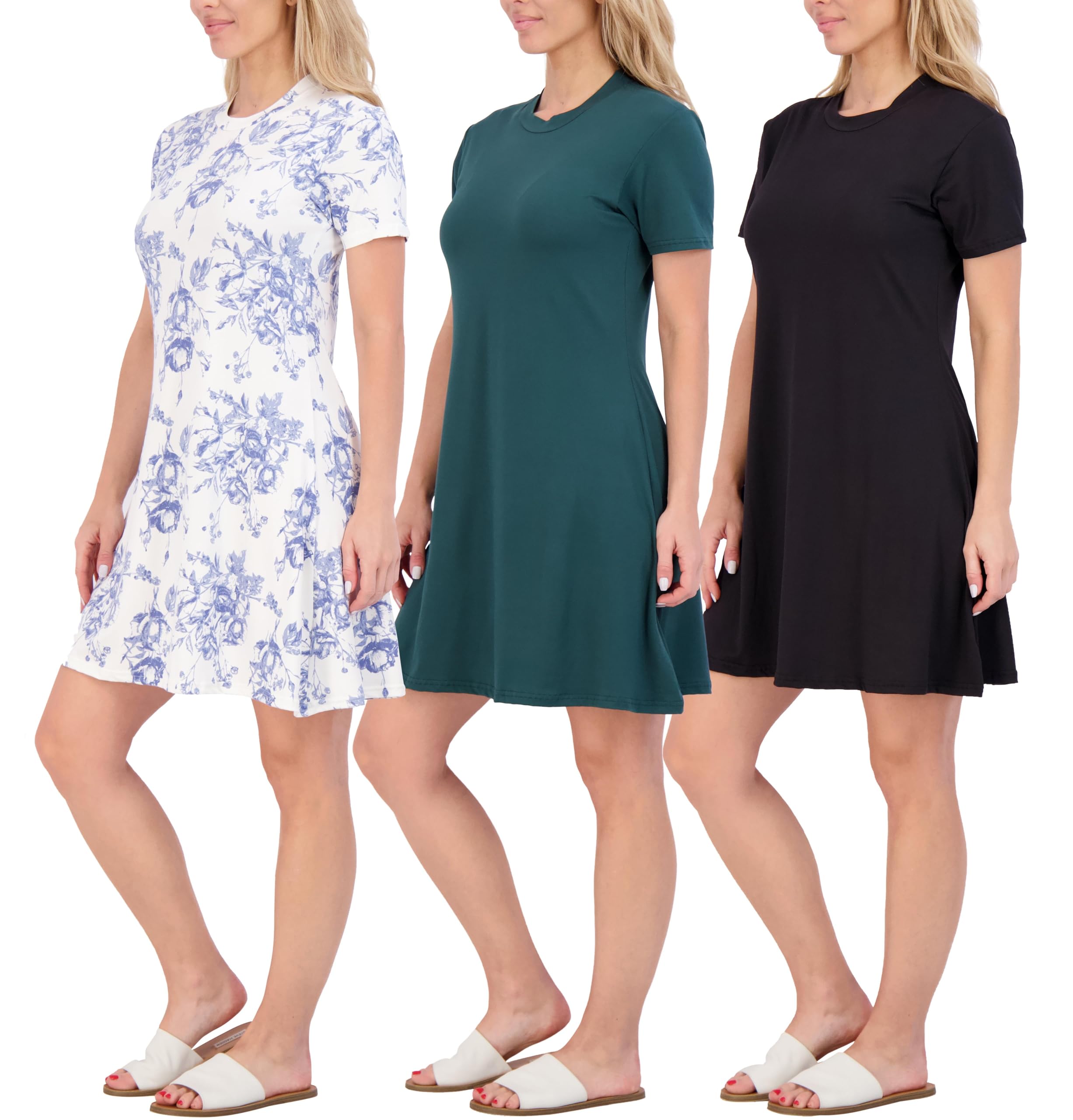 Real Essentials 3 Pack: Women's Short Sleeve T Shirt Dress Swing Loose Casual Lounge Everyday Outfit (Available in Plus)