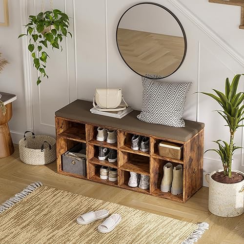 Miniatura 4 de DINZI LVJ Banco de almacenamiento de zapatos con cojín, zapatero con 12 cubos y estantes ajustables, organizador de zapatos multifuncional para