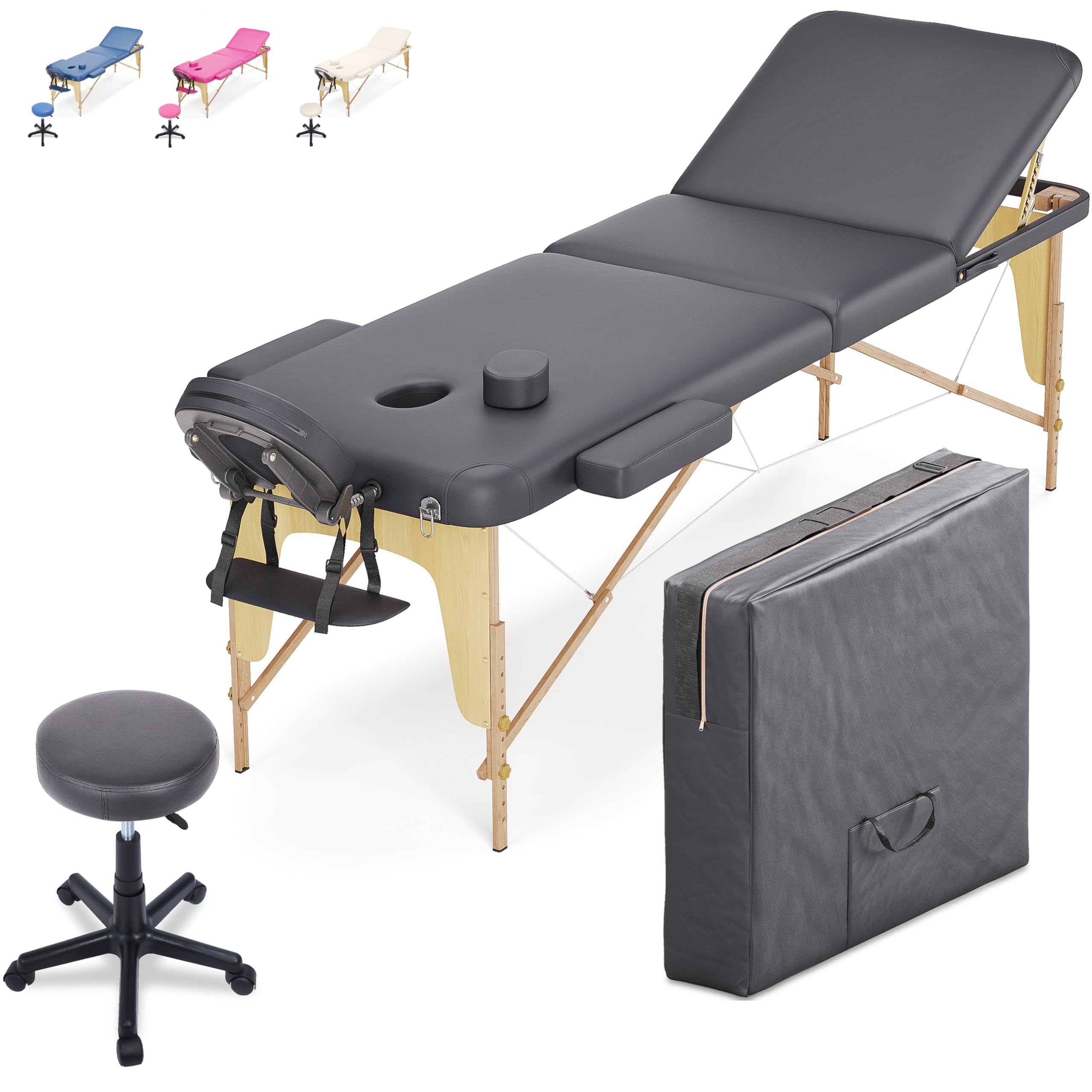 Beltom® Lettino Massaggio 3 Zone in Legno Dimensione 195/225 X 70 CM + Sgabello Regolabile in Altezza + Borsa per LETTINI da Massaggi Portatile - Pannello Reiki - Angoli ARROTONDATI E RINFORZATI-Nero