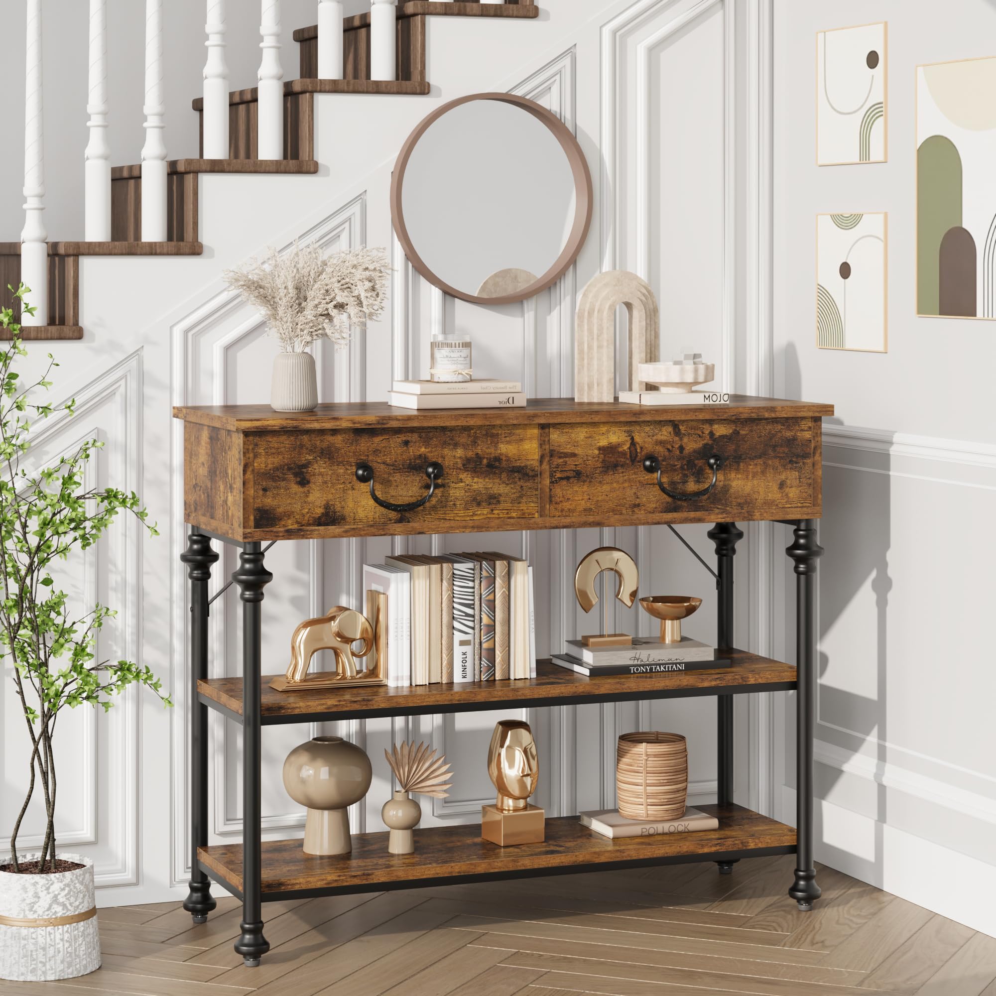 Garvee Consola de Recibidor, con 2 Cajones y 2 Estantes Abiertos, Diseño de Columna Romana, para Entrada, Pasillo, Salón y Espacios, Color Vintage, 100×30×80 cm