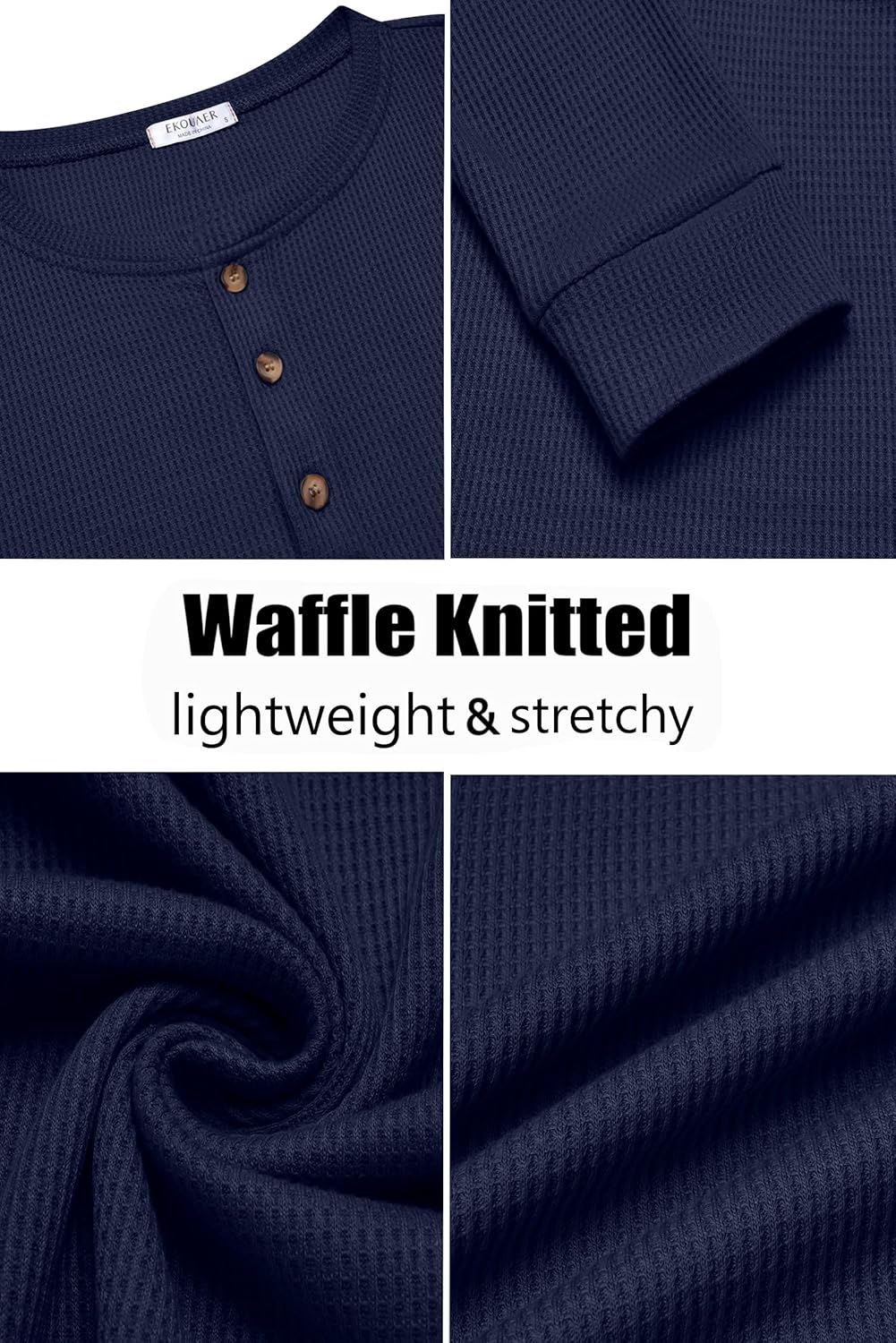 Ekouaer Mens Henley Long Sleeve Shirts Waffle T-Shirt Lightweight Thermal Undershirts S-XXL - Image 5