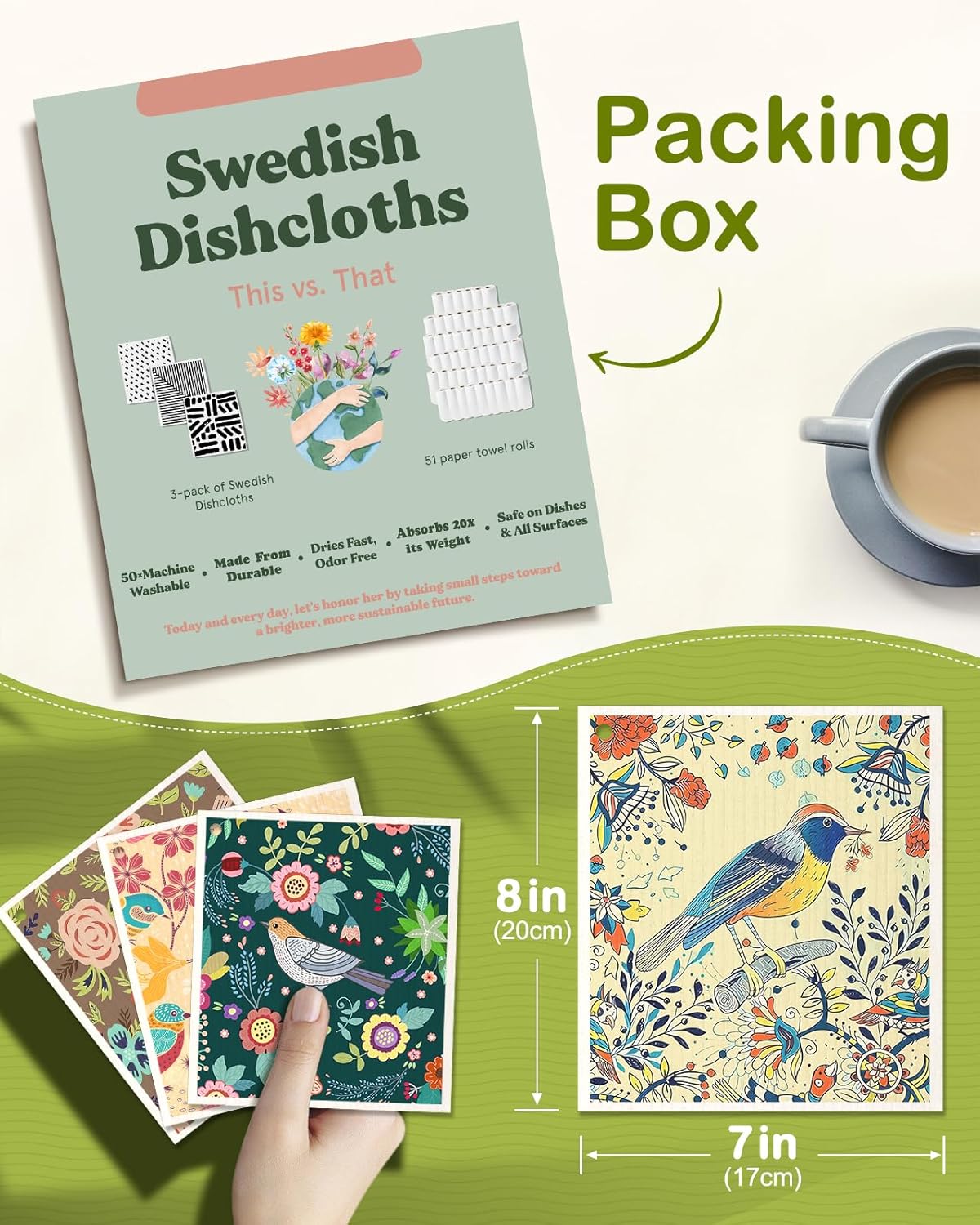 Swedish Dishcloths for Kitchen - 5 Pack Reusable Dish Cloths for Washing Dishes Absorbent Cute Funny Kitchen Towels Cleaning Sponge, Flower Bird - Image 2