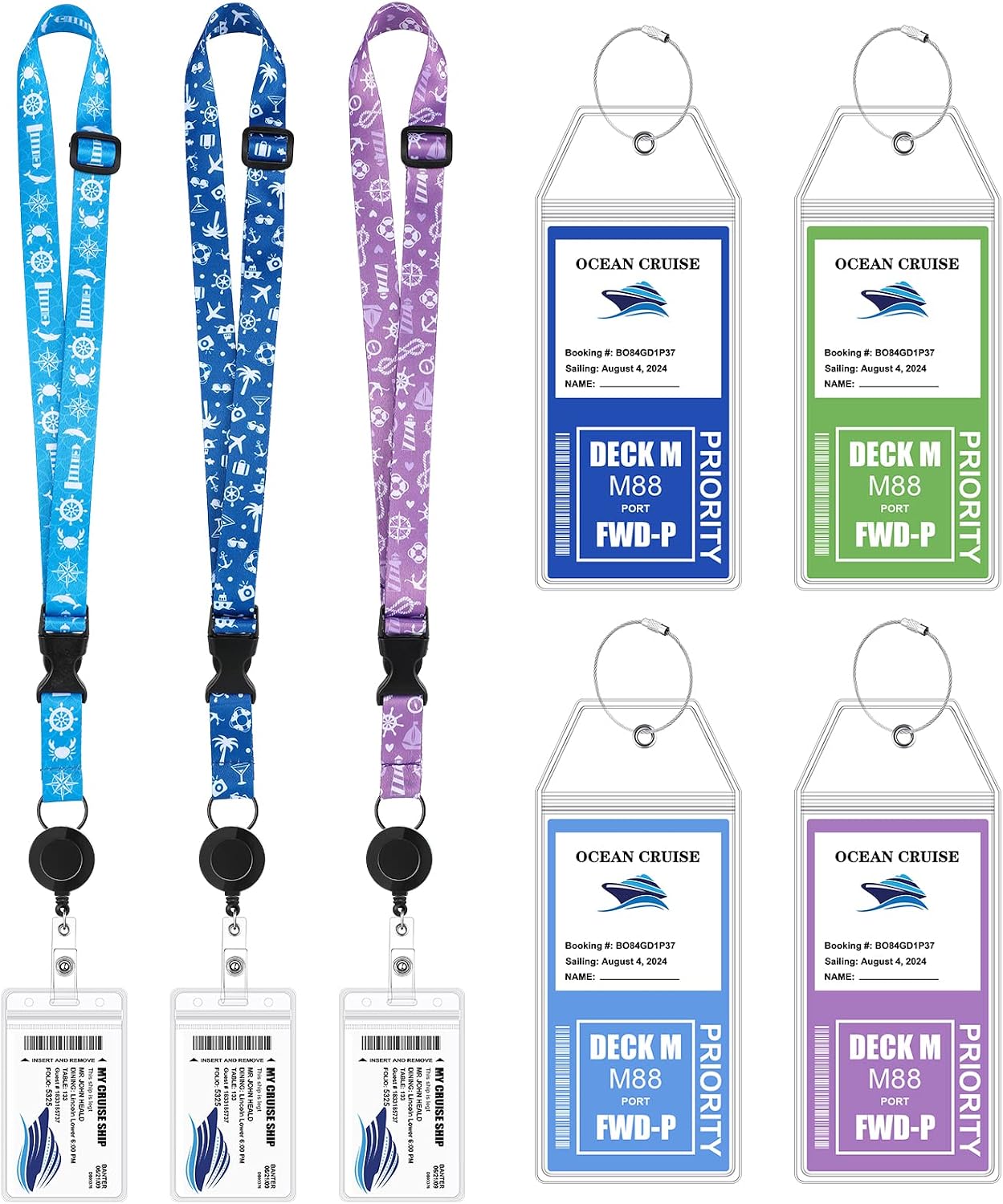7 Pieces Cruise Lanyard with Clear Card Holders and Cruise Luggage Tags PVC Holder Set Waterproof Clear Luggage Zip Seal with Steel Loops for Cruise Accessories(Dark Blue, Blue, Purple)