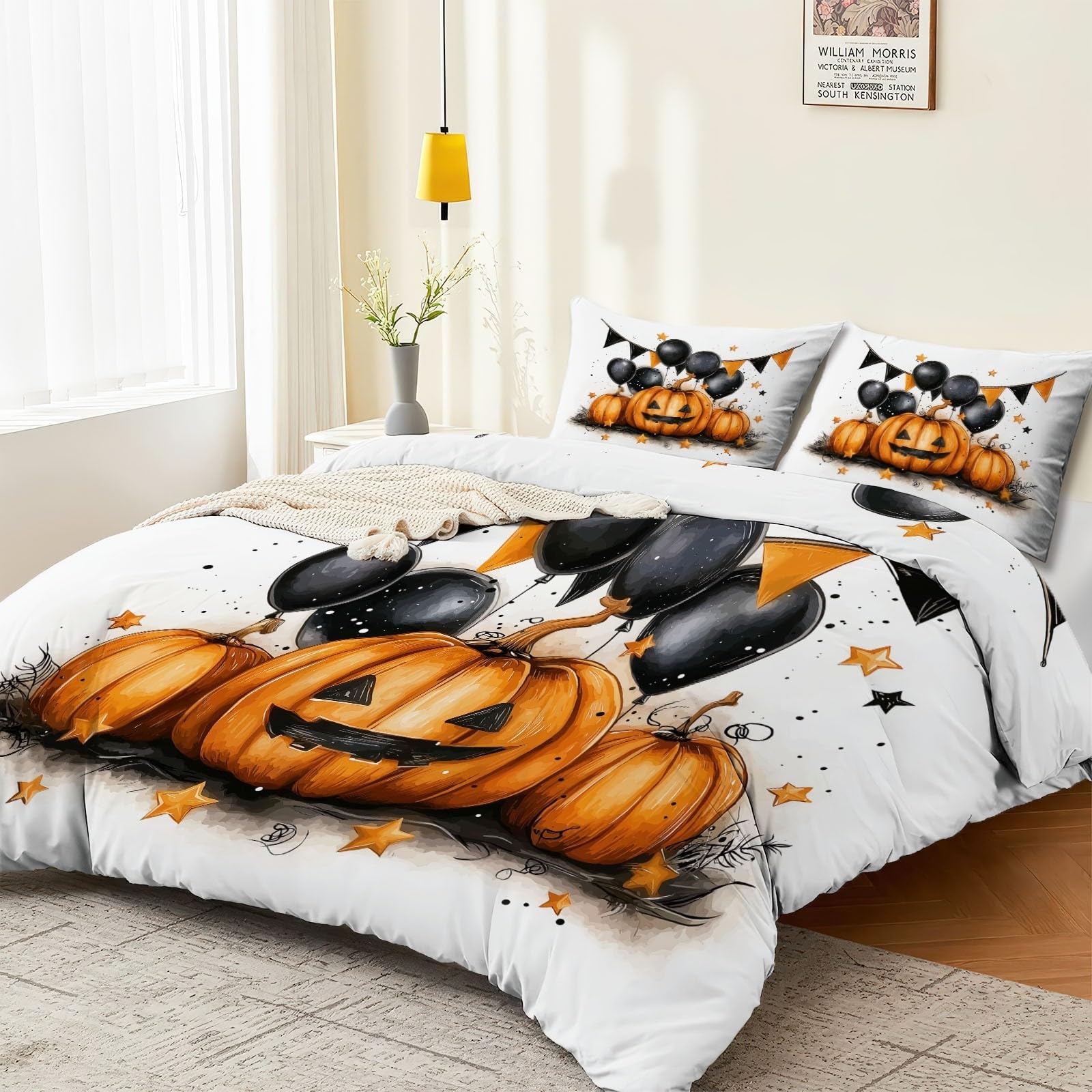 Poszewka na kołdrę 3 sztuki kolor pomarańczowy poszewka na kołdrę z 2 poszewkami na poduszki Halloween Jack-O'-Lantern balony uroczystość miękki zestaw pościeli na cały sezon oddychające zapięcie na