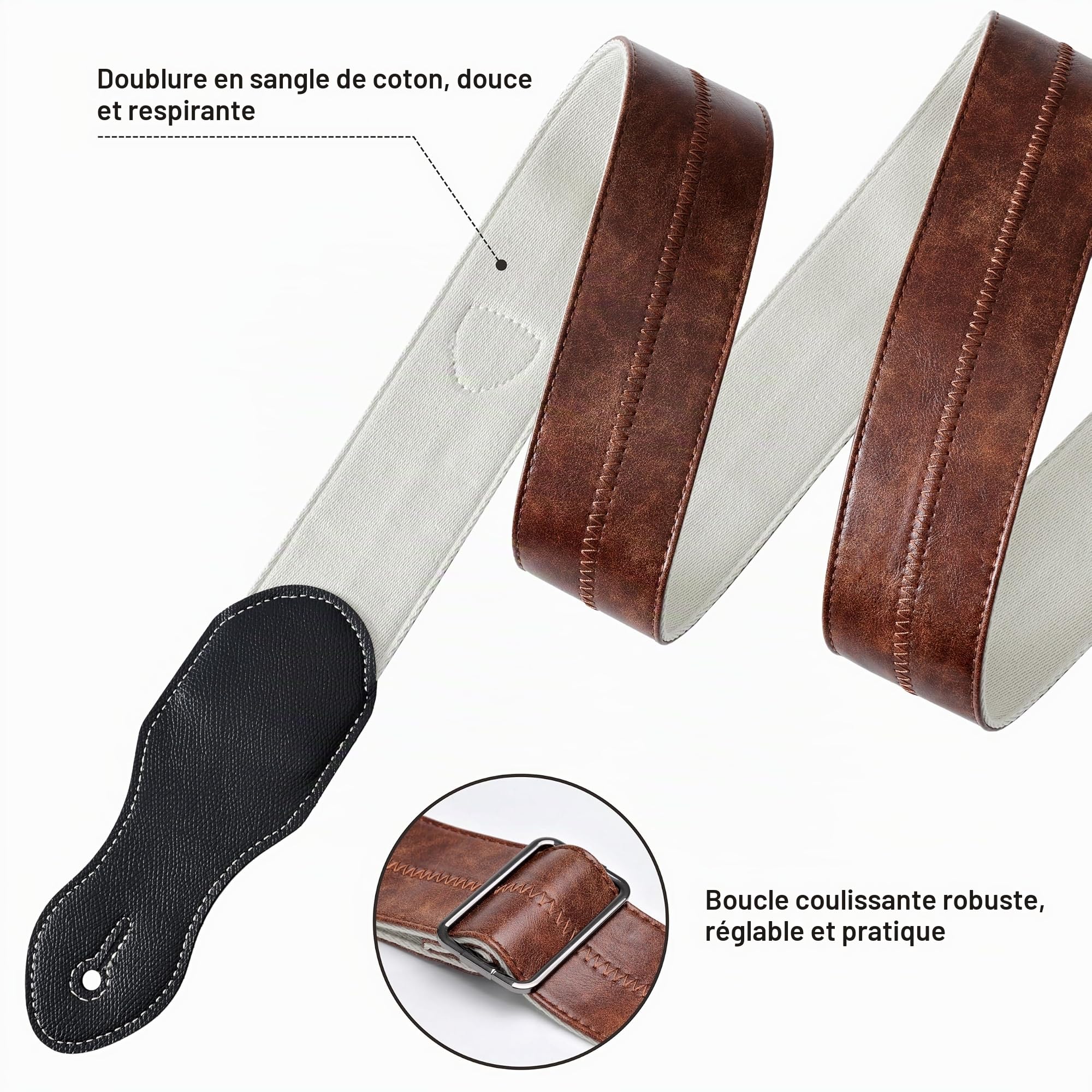 Nefelibata Sangle de guitare avec poche pour médiator, 5,8 cm, en cuir végétalien, style vintage des années 60 (marron)