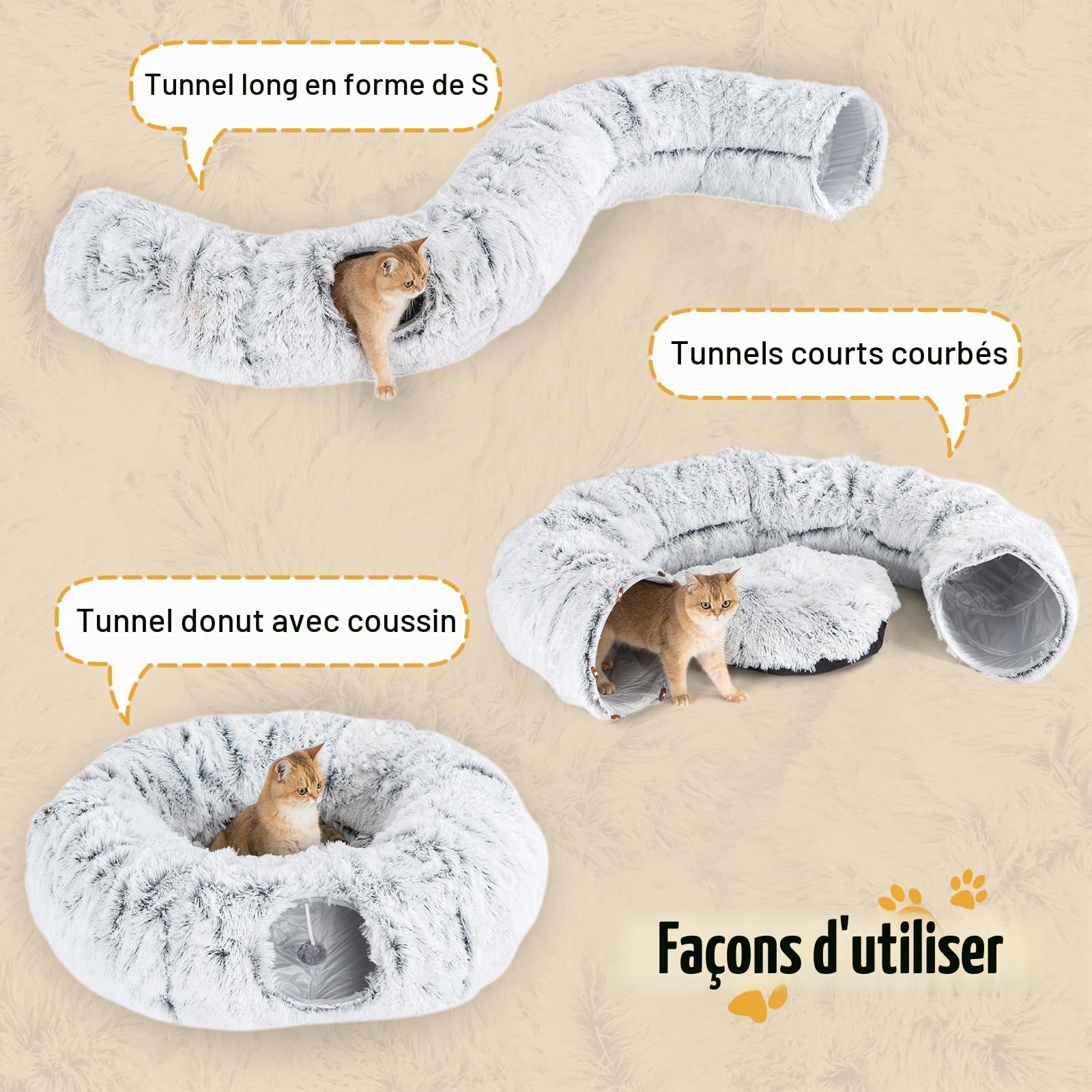 Avont Grand Tunnel Chat avec Coussin Central 100cm(L)*30cm(H), Jouet Doux pour Chat, Lit Rond Multifonction Caché Tunnel pour Chat -Gris