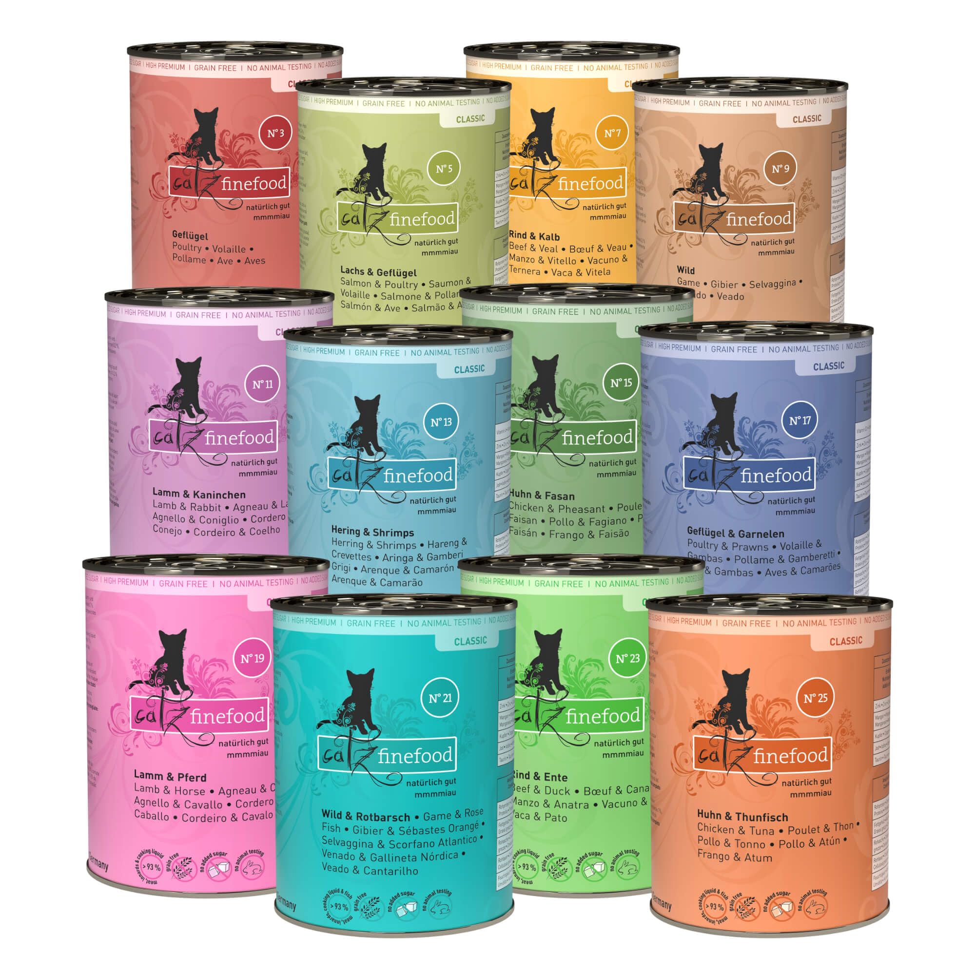 catz finefood Classic Collection mokra karma dla kotów XXL - Gourmet mokra karma dla Twojego kota bez cukru i zbóż, bezglutenowa – z dużą zawartością mięsa, Made in Germany (12 x 400 g puszek)