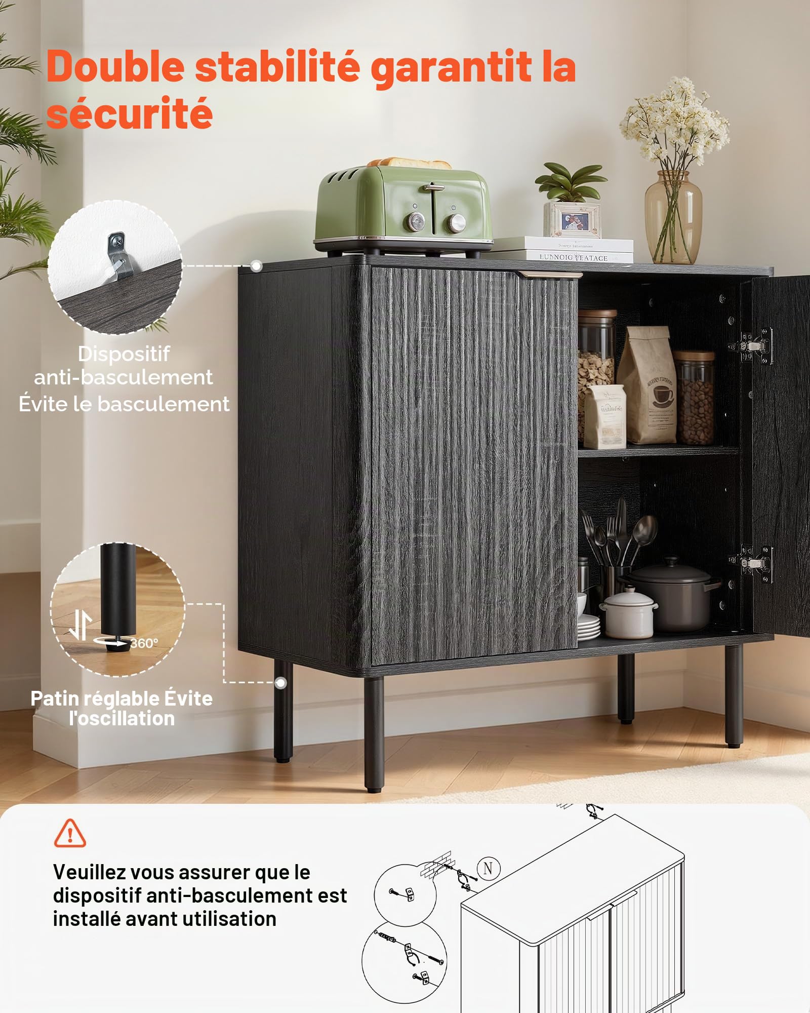 VEVOR Buffet à 2 Niveaux, Meuble de Rangement Cuisine avec 2 Portes, Meuble Coin Café avec Rangement, Enfilade de Style Milieu du Siècle, pour Salon, Entrée et Couloir, 80 x 37,5 x 80 cm, Noir