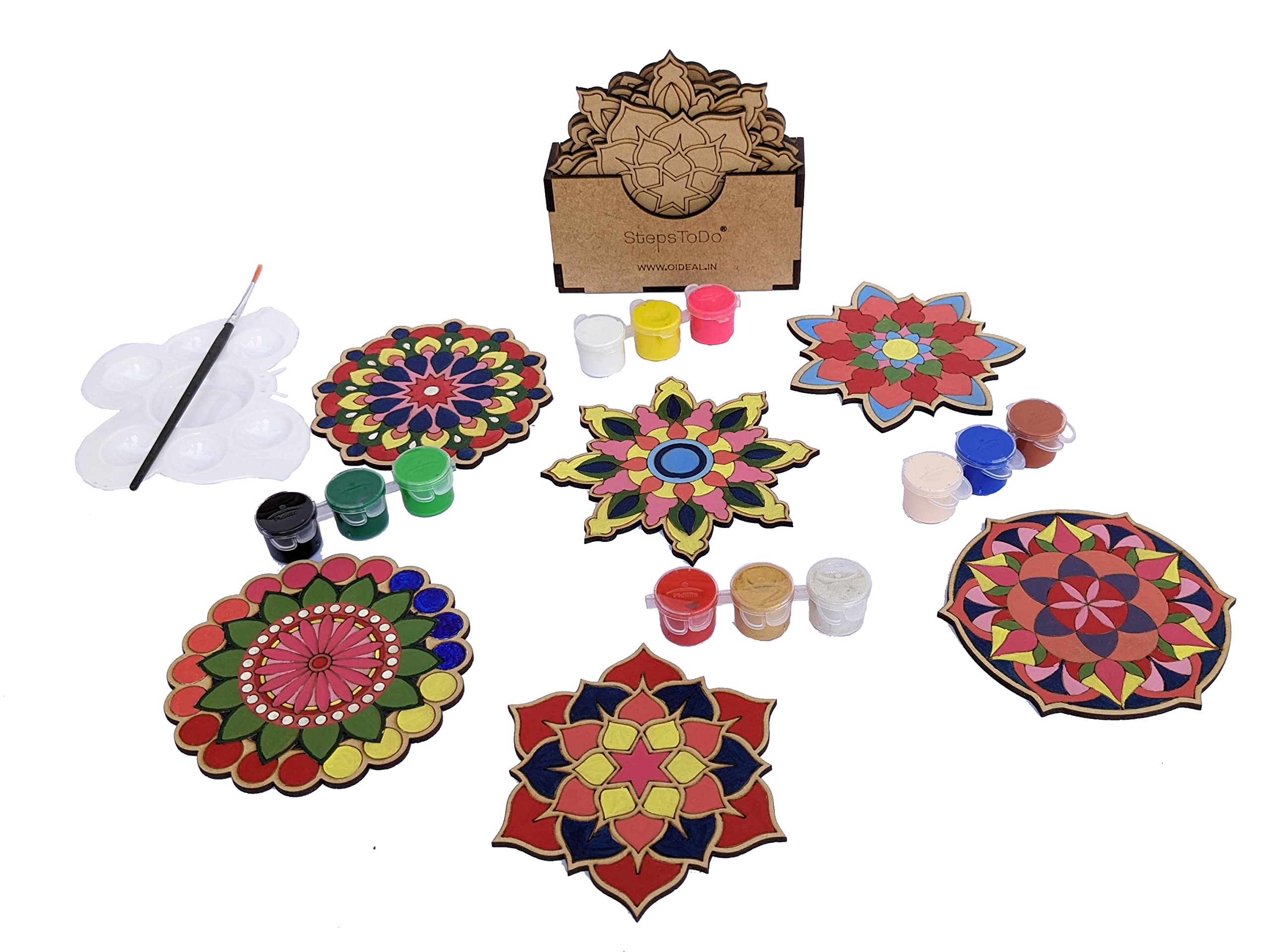StepsToDo Mandalas Paint Kit D β Tea Coaster Art Set | Mandal Art, Set of 6 Bases (4 Inch) with Case, Colours, Painting Brush & Dish 2