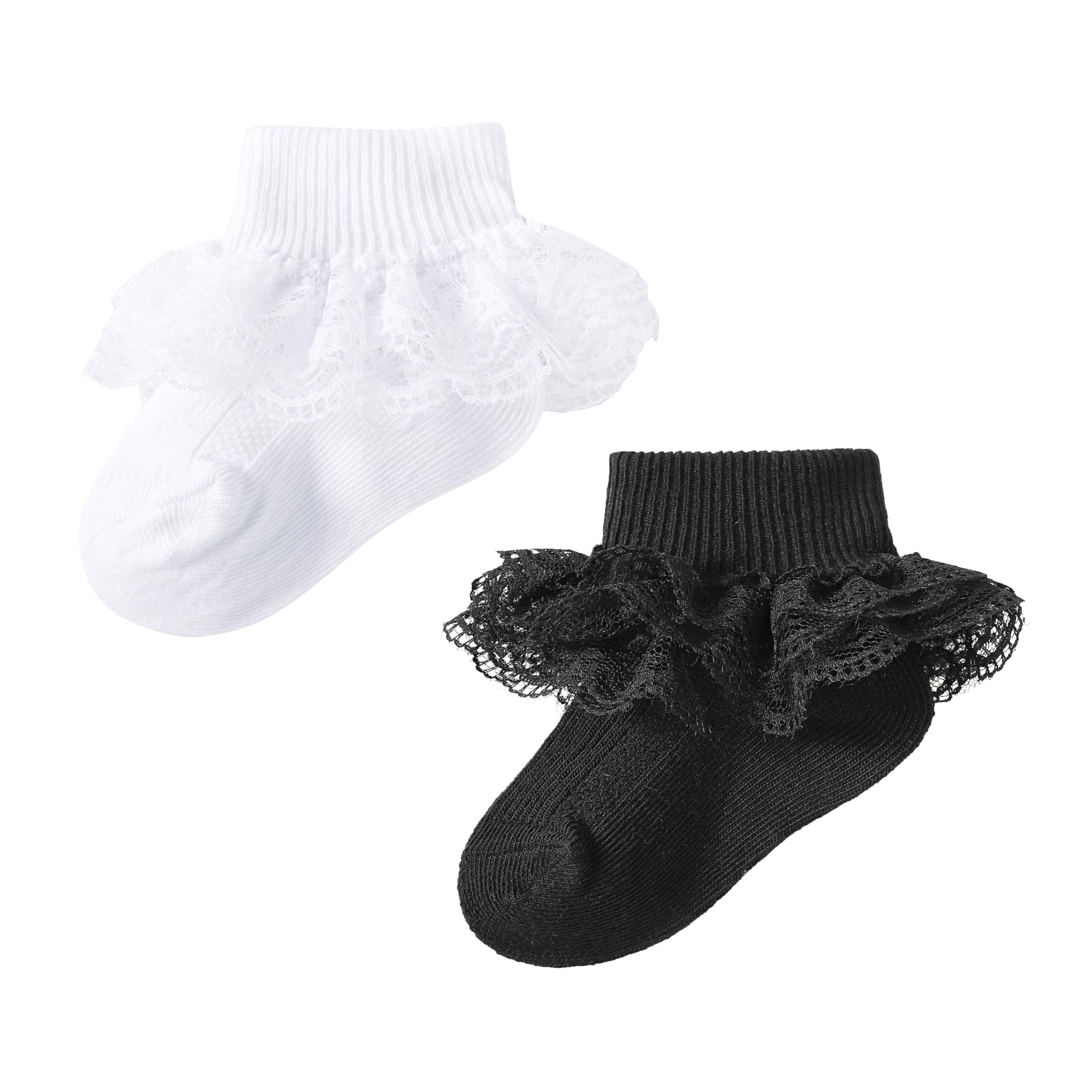 Photo 1 of ?Baby Girls Ruffle Socks, Infant Girls Double Lace Frilly Socks Newborn Spring and Autumn Thin Dress Turn Cuff Sock??,White Black 2 Pairs 6-12 Months