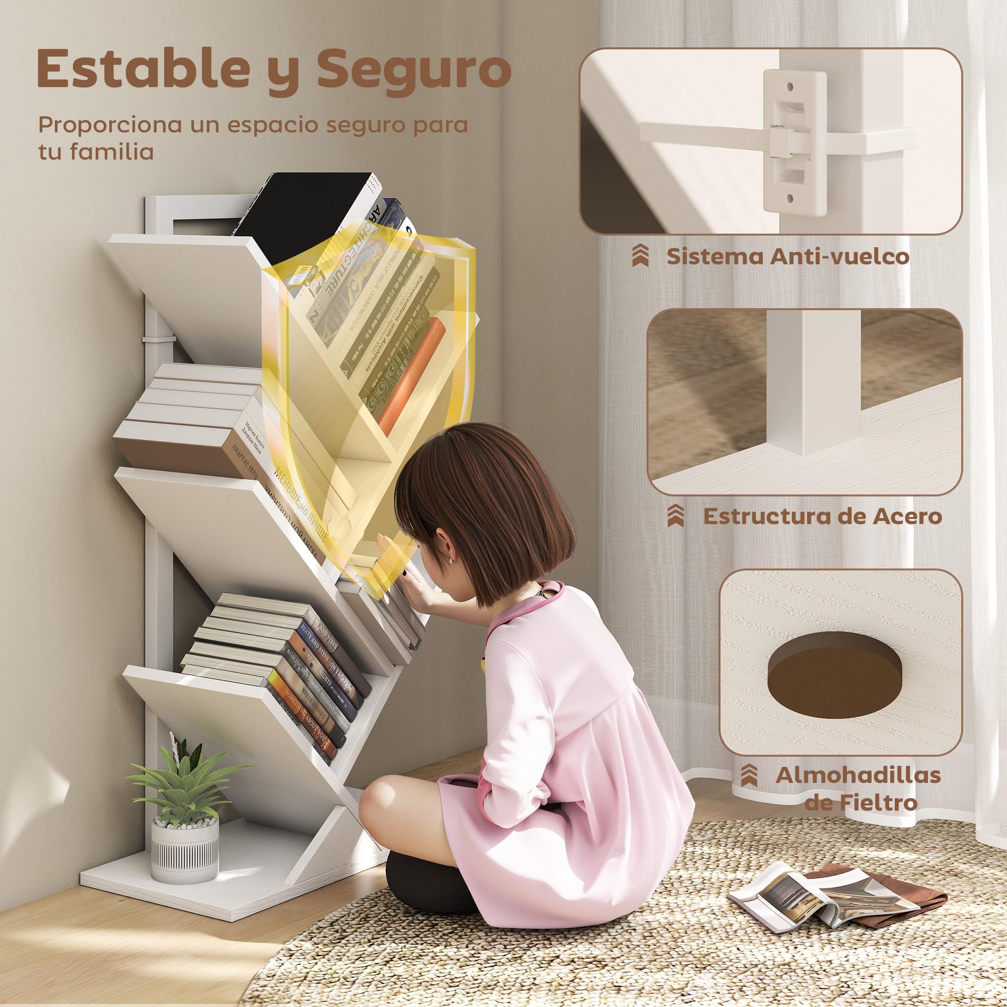 HOMCOM Librería en Forma de Árbol de 5 Niveles, Estantería de Libros con 5 Estantes, Estructura de Acero, para CD, DVD, Álbumes, Sala de Estar, Oficina, Estudio, Dormitorio, 50x24x82 cm, Blanco