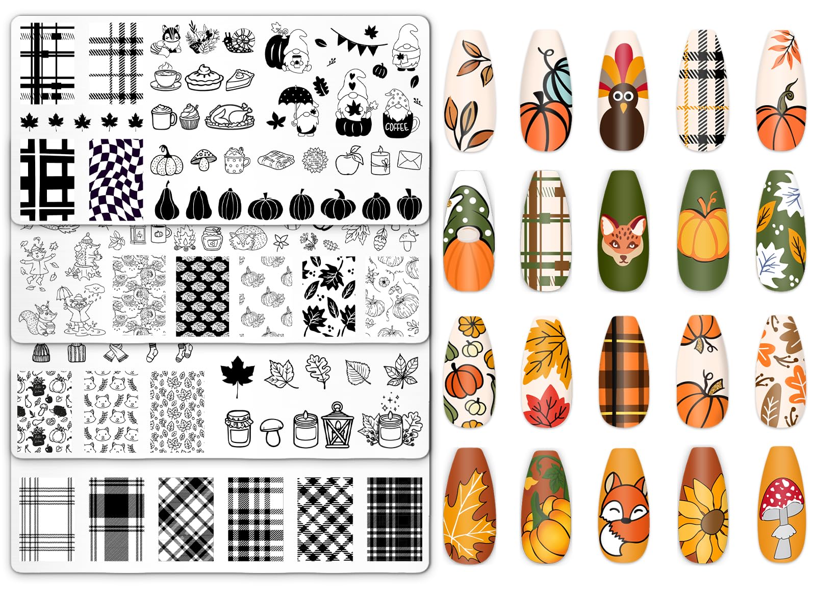 JarThenaAMCS 4Pcs Fall Nail Plates Stamping Set Pumpkin Leaf Gnome Stamp Templates Nail Art Plates for Autumn Harvest Thanksgiving DIY Print Manicure Salon Design-image-16
