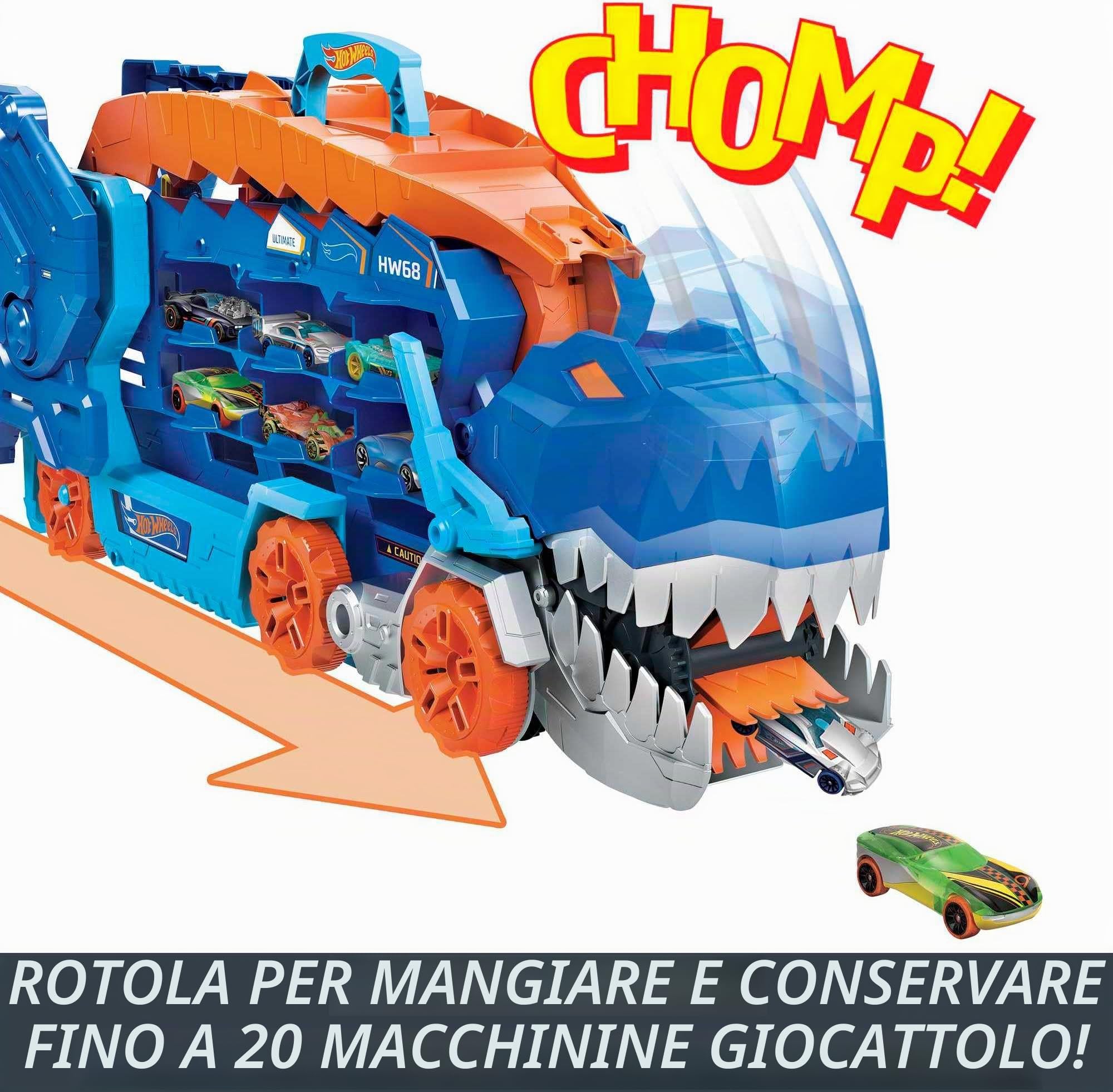 Hot Wheels City 'Let's Race' Netflix - Mega Dino Trasportatore & Set Macchinine da 10 Veicoli in Scala 1:64, con Decorazioni Mozzafiato, da Collezionare, Single, 54886