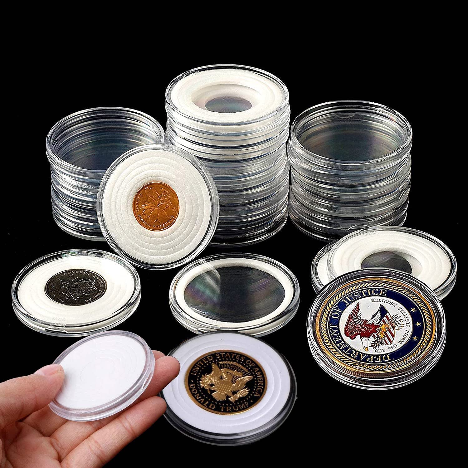 20 cápsulas de moeda de 46 mm com 7 tamanhos (16/20/25/27/30/38/46) juntas  de espuma para coleção de moedas American Silver Eagle Liberty Coin, meio  dólar, Bitcoin (transparente com espuma branca) : Amazon.com.br: