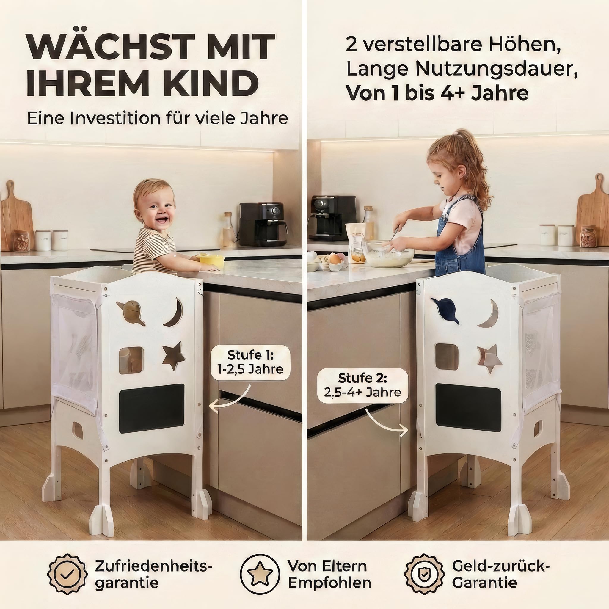 BabybeFun Lernturm klappbar ab 1 Jahr mit 360° Sicherheitsnetz - Extra Stabiler Learning Tower mit Anti-Kipp-Schutz