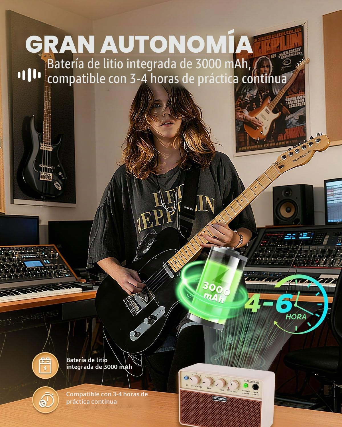 STRICH Amplificador Mini de Bajo de 2 x 5 W - Amplificador de práctica para bajo portátil y Recargable con Canales limpios y distortión, Salida de Auriculares de 1/8 para Principiantes, marrón