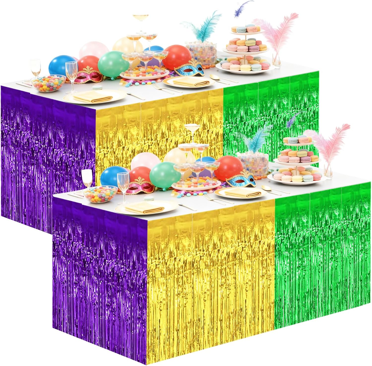 2 Pack 2.5 ft x 9 ft Cinco de Mayo Fiesta Metallic Foil Fringe Table Skirt, Colorful Wavy Tinsel Design Table Skirts Cover Decorations for Taco Night, Birthdays, Wedding, Mexican-Themed Party Supplies