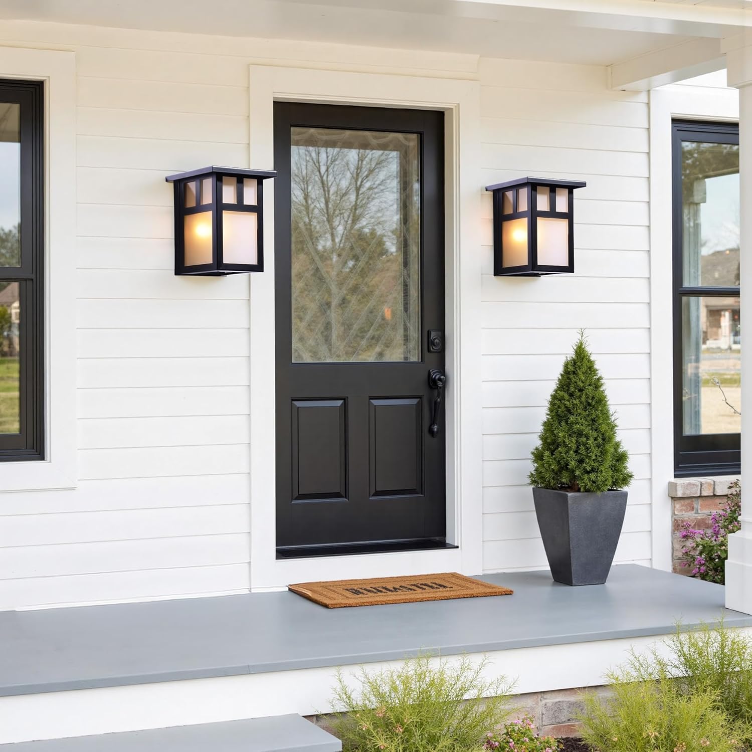 2-Pack Small Outdoor Wall Lights, Rustic Black Metal Sconce with Clear Glass Shade, 7.6”H Compact Exterior Light for Porch, Entryway, Garage - Hardwired, Damp Rated, ETL Certified (Bulb Not Included)