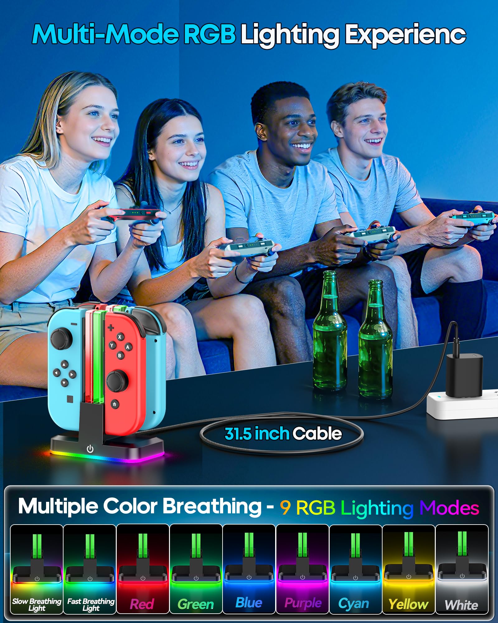 Cargador para Joycon Switch/OLED, 2,5H de Base Carga Mando para Nintendo Switch con Luz RGB y Control Inteligente de Carga, Estacion de Carga joycon para Nintendo Switch Accesorios