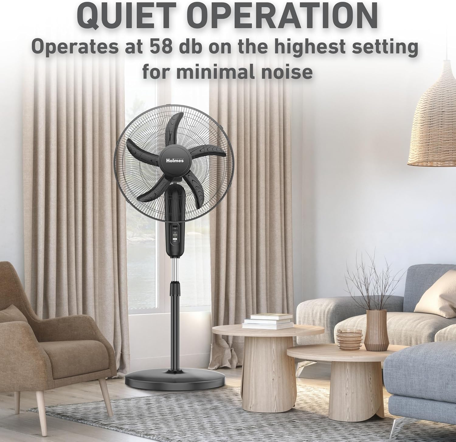 Holmes 18 Inch Oscillating Stand Fan 3 Speed Powerful Airflow Adjustable Height 30 Degree Tilt Wide Angle Cooling Quiet Operation for Bedroom Living Room Home Office Gym Black